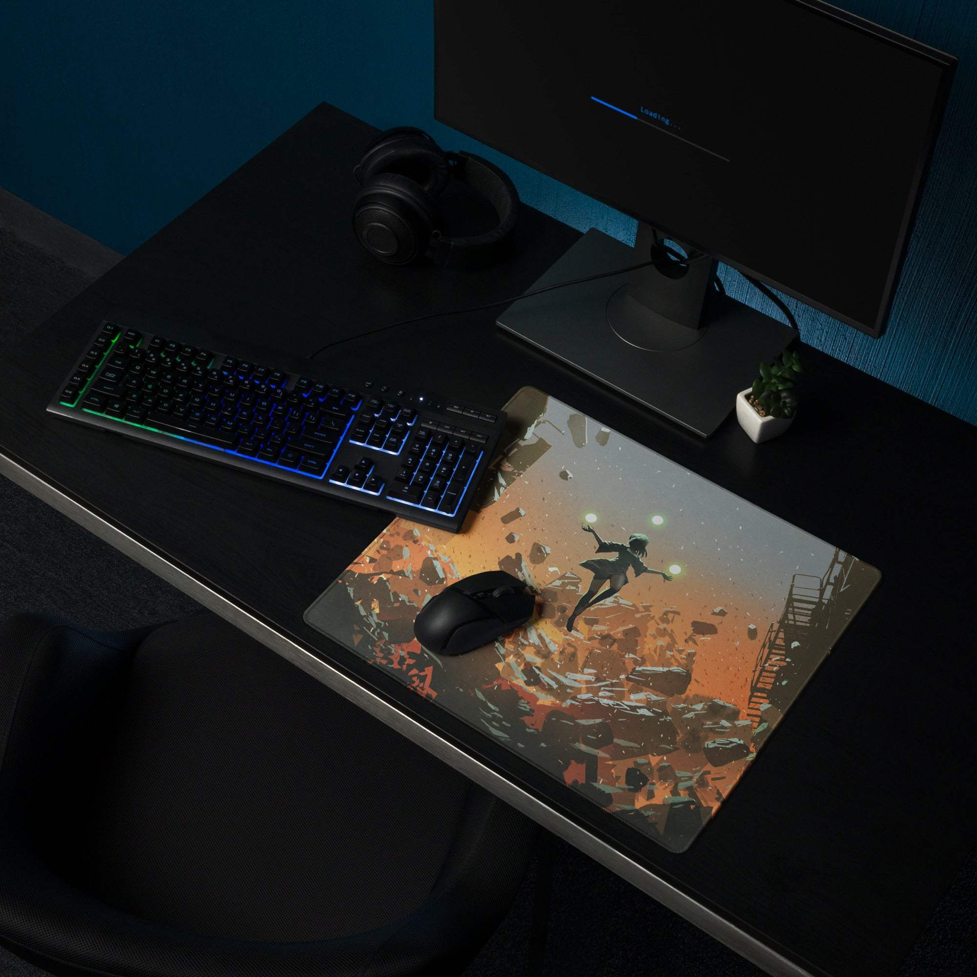 A rectangular gaming mousepad with a dynamic anime-style figure leaping through an orange and gray explosion design