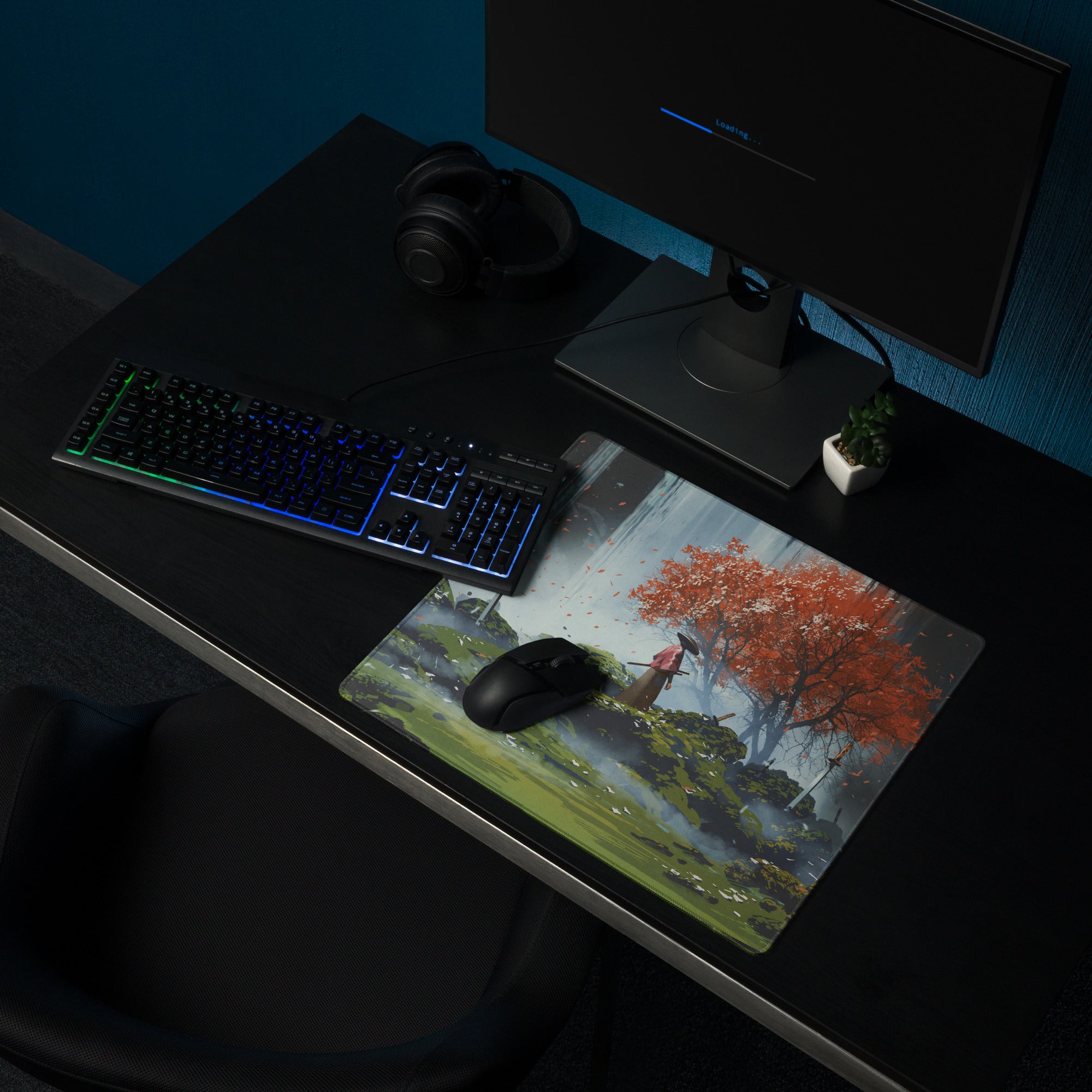 Gaming Mouse Pad Large Size With Dark Blue Gray And Orange Red Tree Scene For Desktop Gaming Epic Fantasy Art