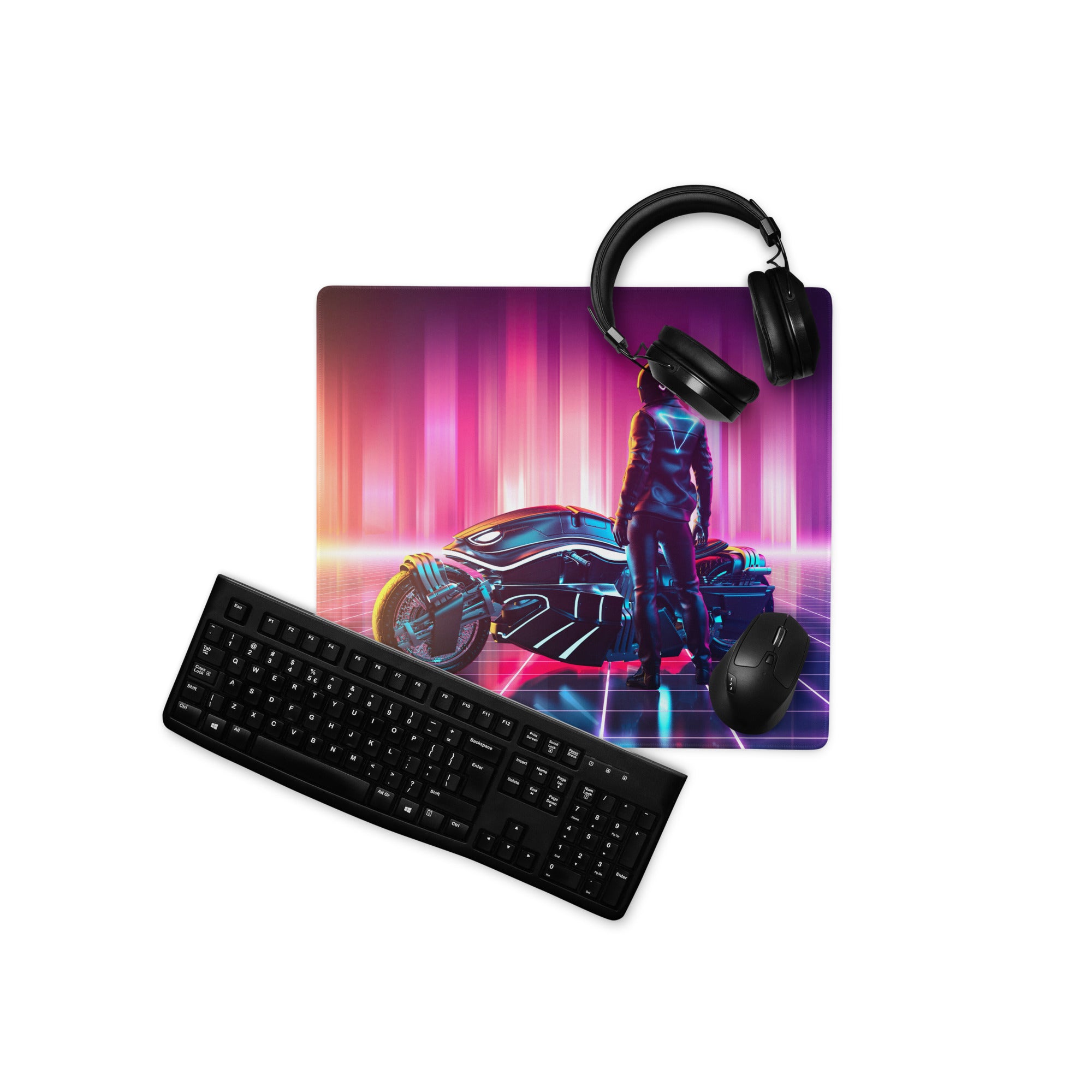 Futuristic Neon Rider Gaming Mouse Pad Orange Pink Purple Blue Desk Cyberpunk Gradient