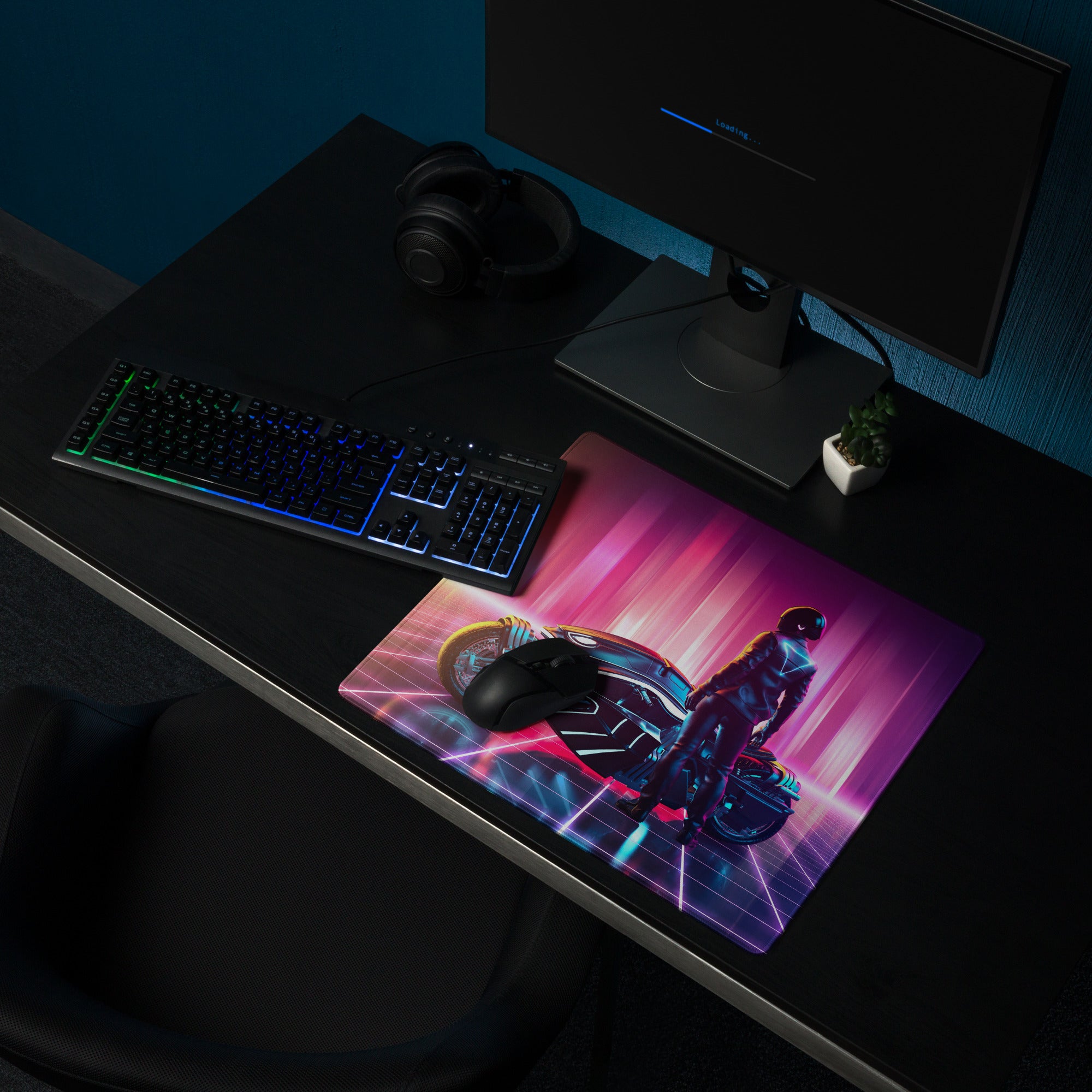 Futuristic Neon Rider Gaming Mouse Pad Orange Pink Purple Blue Desk Cyberpunk Gradient