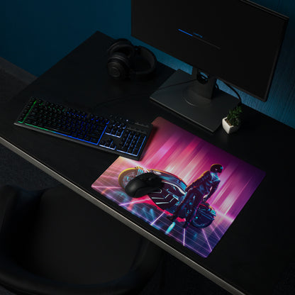 Futuristic Neon Rider Gaming Mouse Pad Orange Pink Purple Blue Desk Cyberpunk Gradient