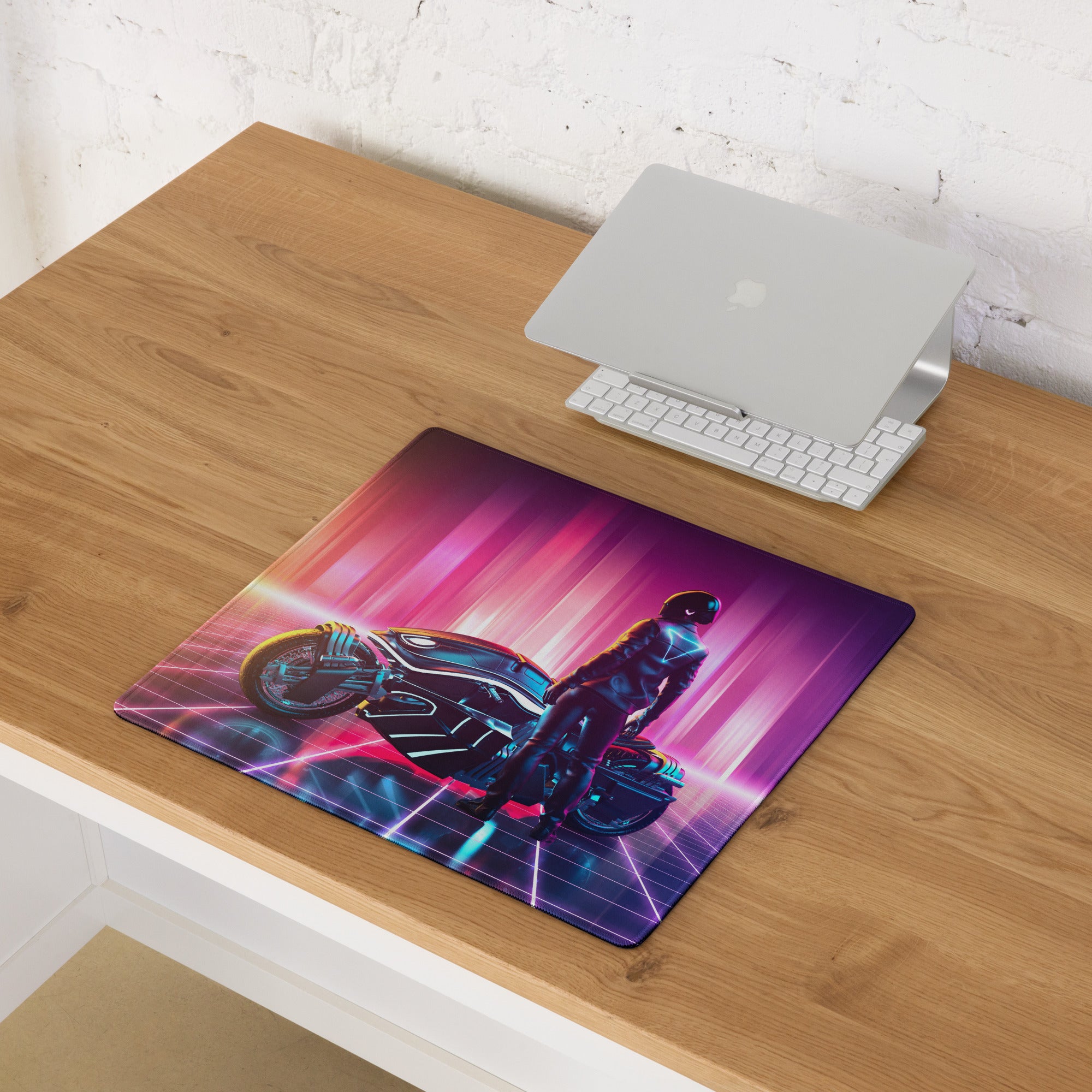 Futuristic Neon Rider Gaming Mouse Pad Orange Pink Purple Blue Desk Cyberpunk Gradient