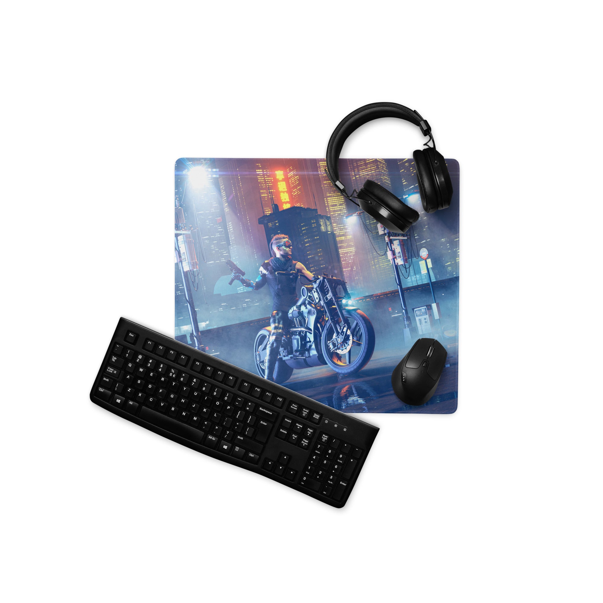 Gaming Mouse Pad Blue Neon Purple Cyberpunk Desk Setup Mat Large Size Non Slip Edge Stitch