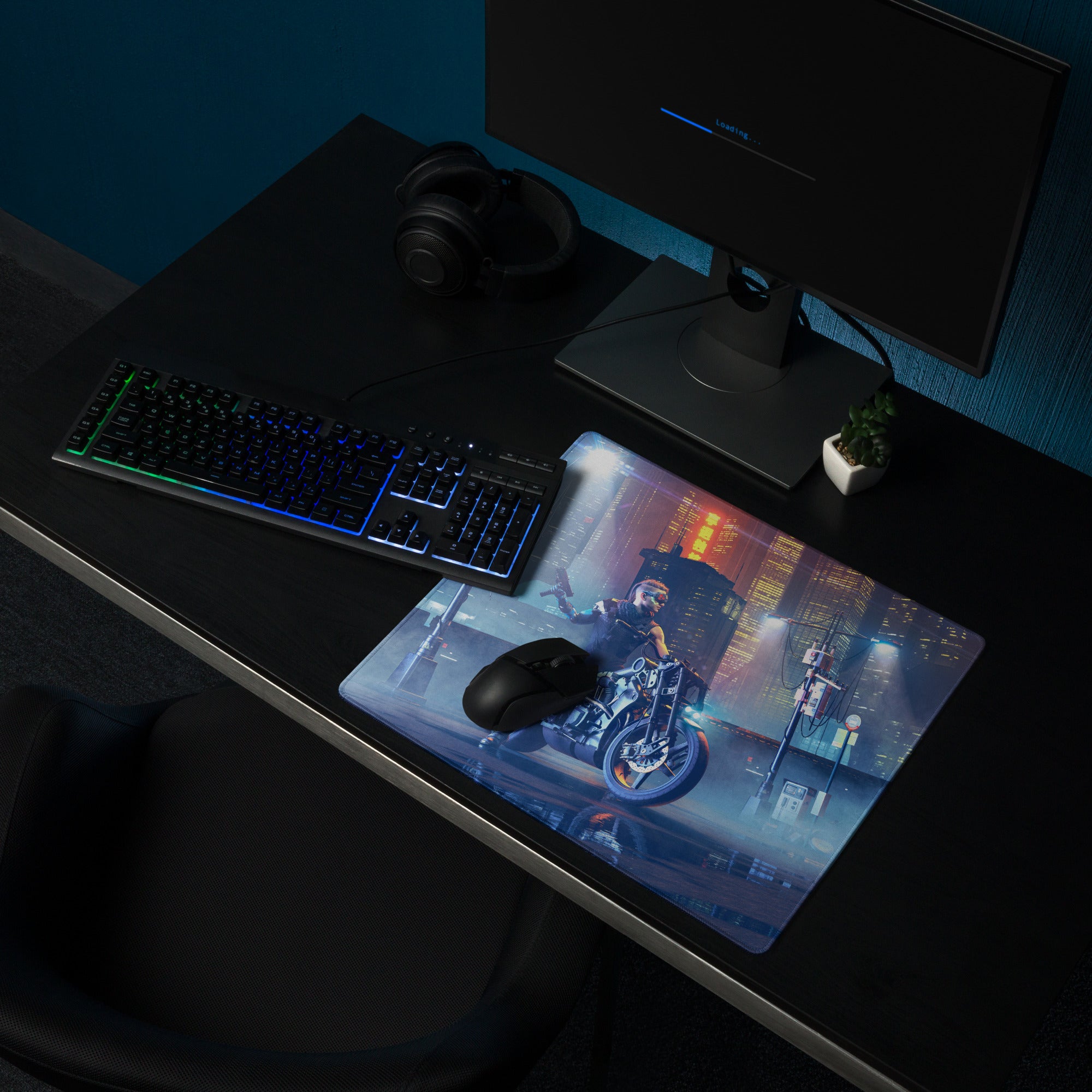 Gaming Mouse Pad Blue Neon Purple Cyberpunk Desk Setup Mat Large Size Non Slip Edge Stitch