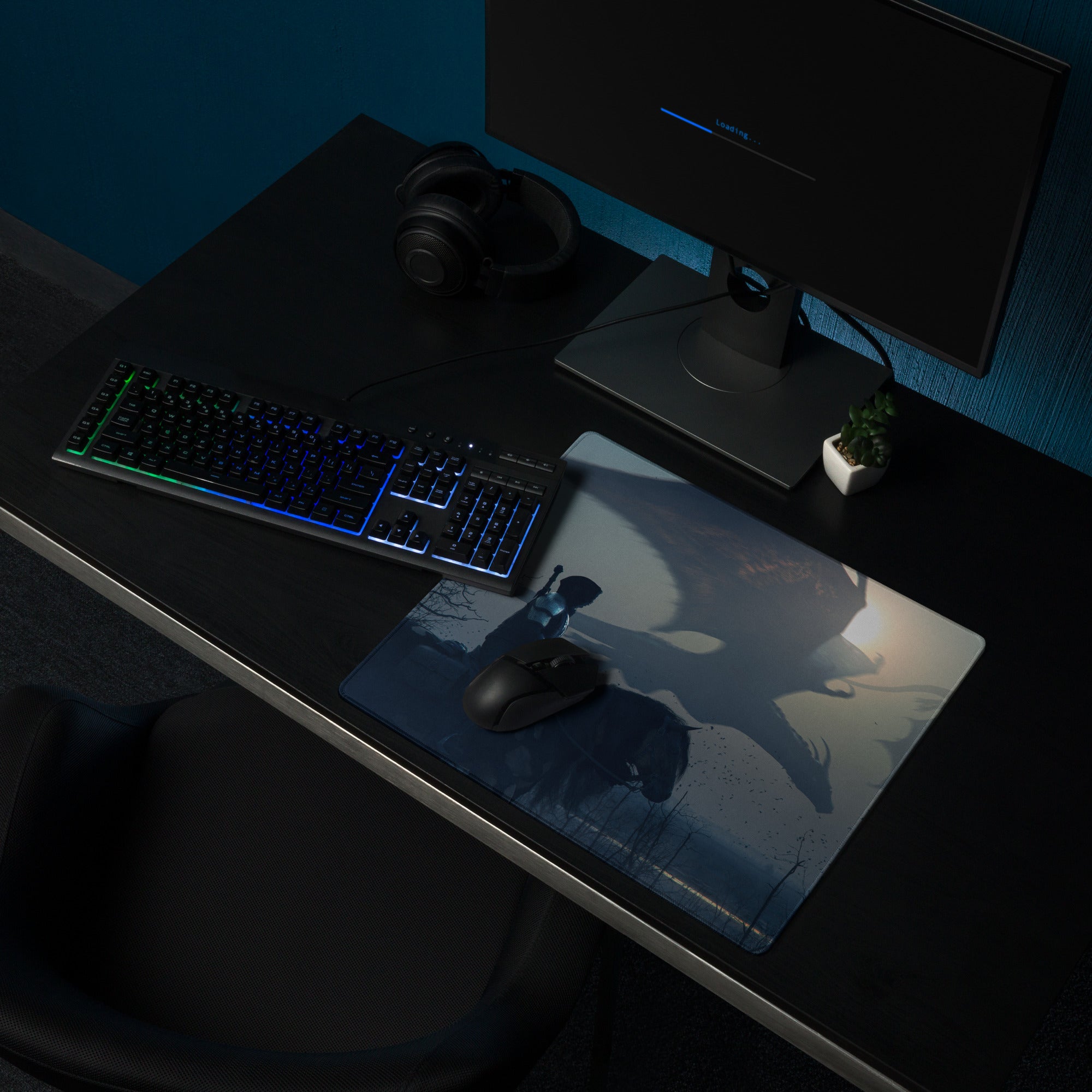 Gaming Mouse Pad Navy Blue Large Desk Mat For Gaming Setups Non Slip Base And Edge Stitching Cinematic Fantasy Art