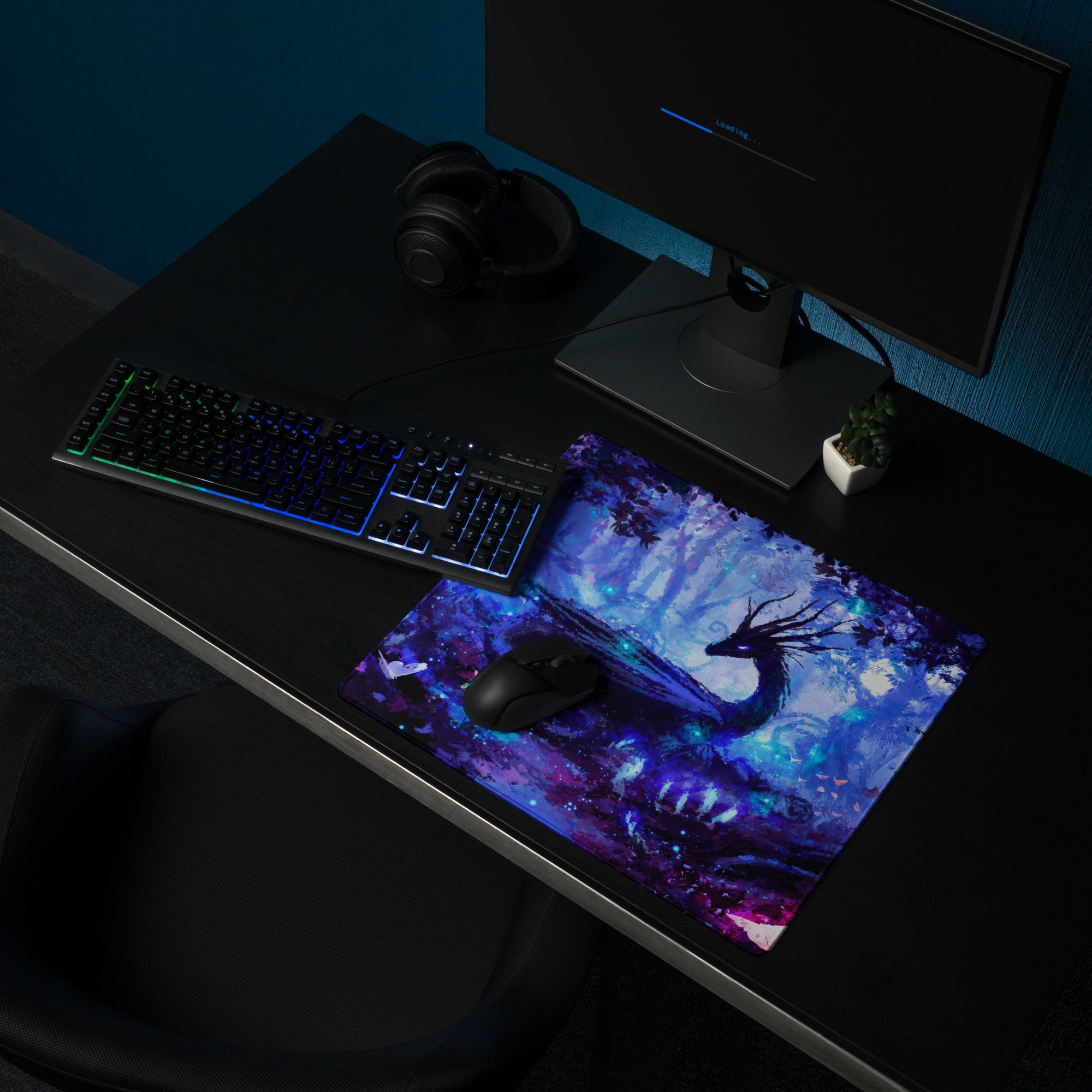 Blue Purple Gaming Mouse Pad Large For Desktop Setup Abstract Art Style Neon Glow Non Slip Base