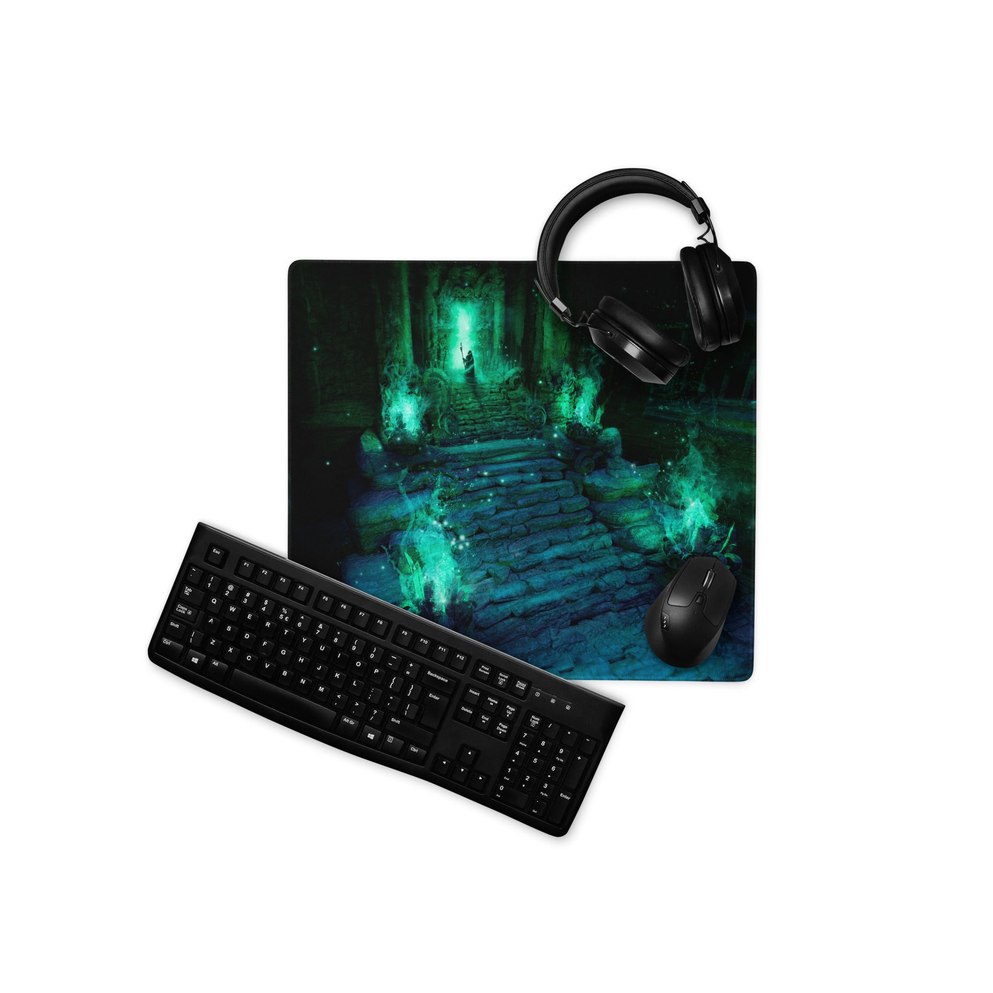 Gaming Mouse Pad Green Teal Large Non Slip Desk Mat For PC Setup Fantasy Dungeon Artwork