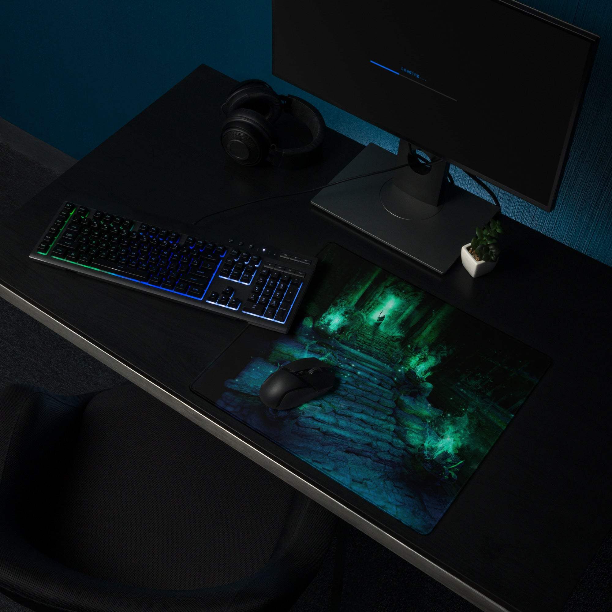 Emerald dungeon themed gaming mouse pad with glowing green and teal fantasy forest design and detailed textures