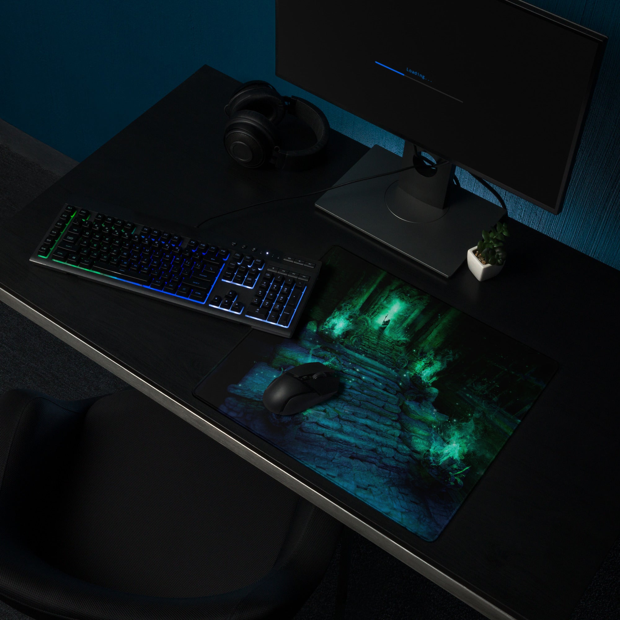 Gaming Mouse Pad Green Teal Large Non Slip Desk Mat For PC Setup Fantasy Dungeon Artwork