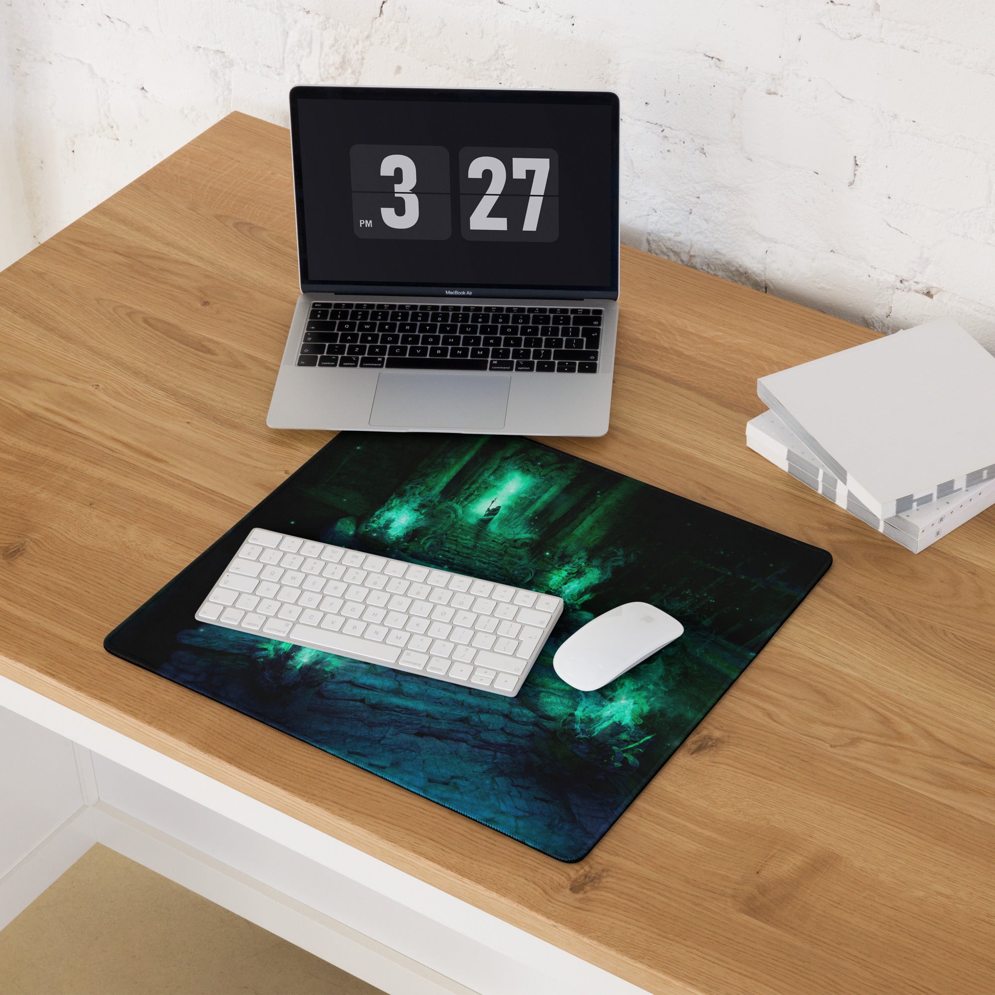 Gaming Mouse Pad Green Teal Large Non Slip Desk Mat For PC Setup Fantasy Dungeon Artwork