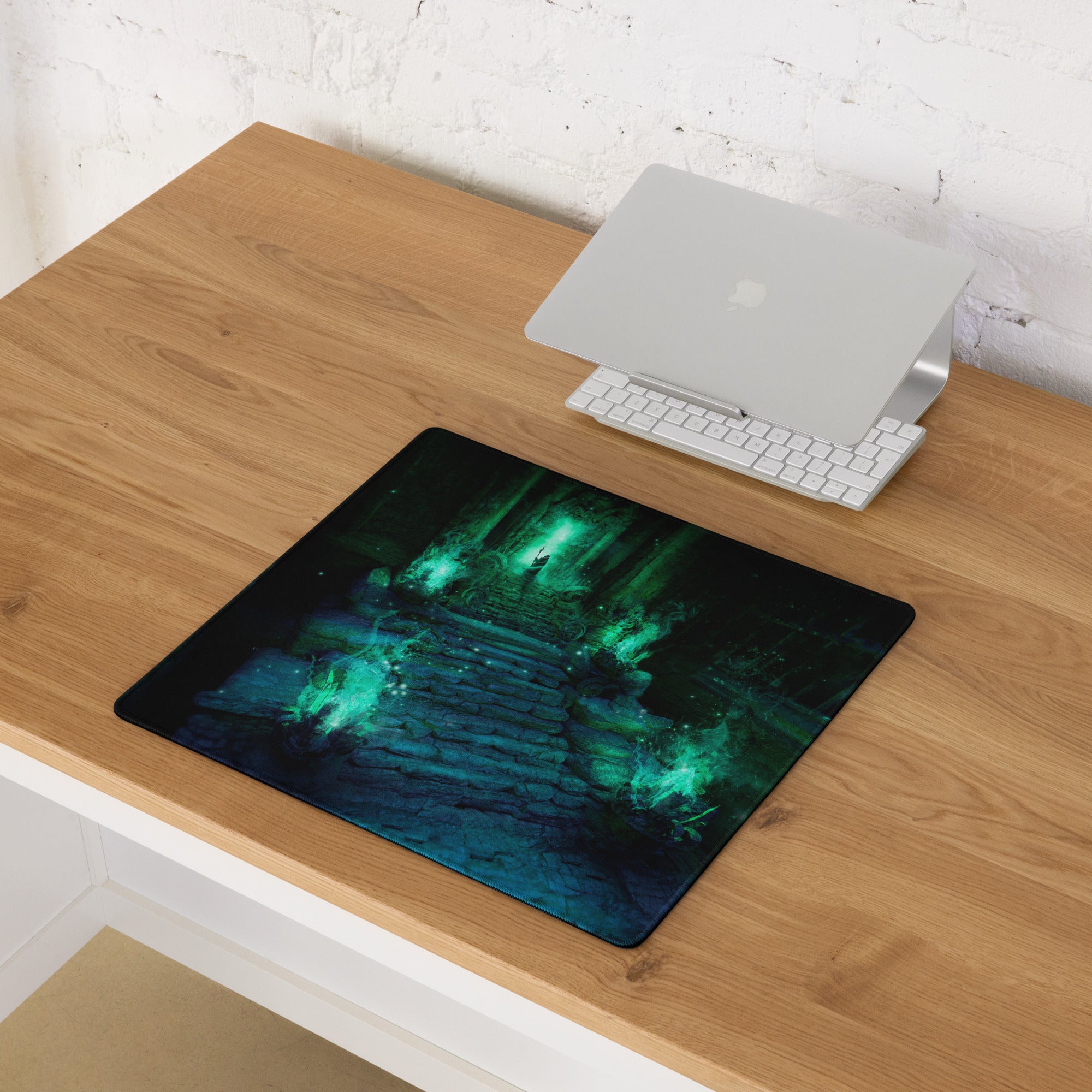 Gaming Mouse Pad Green Teal Large Non Slip Desk Mat For PC Setup Fantasy Dungeon Artwork