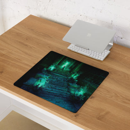 Gaming Mouse Pad Green Teal Large Non Slip Desk Mat For PC Setup Fantasy Dungeon Artwork