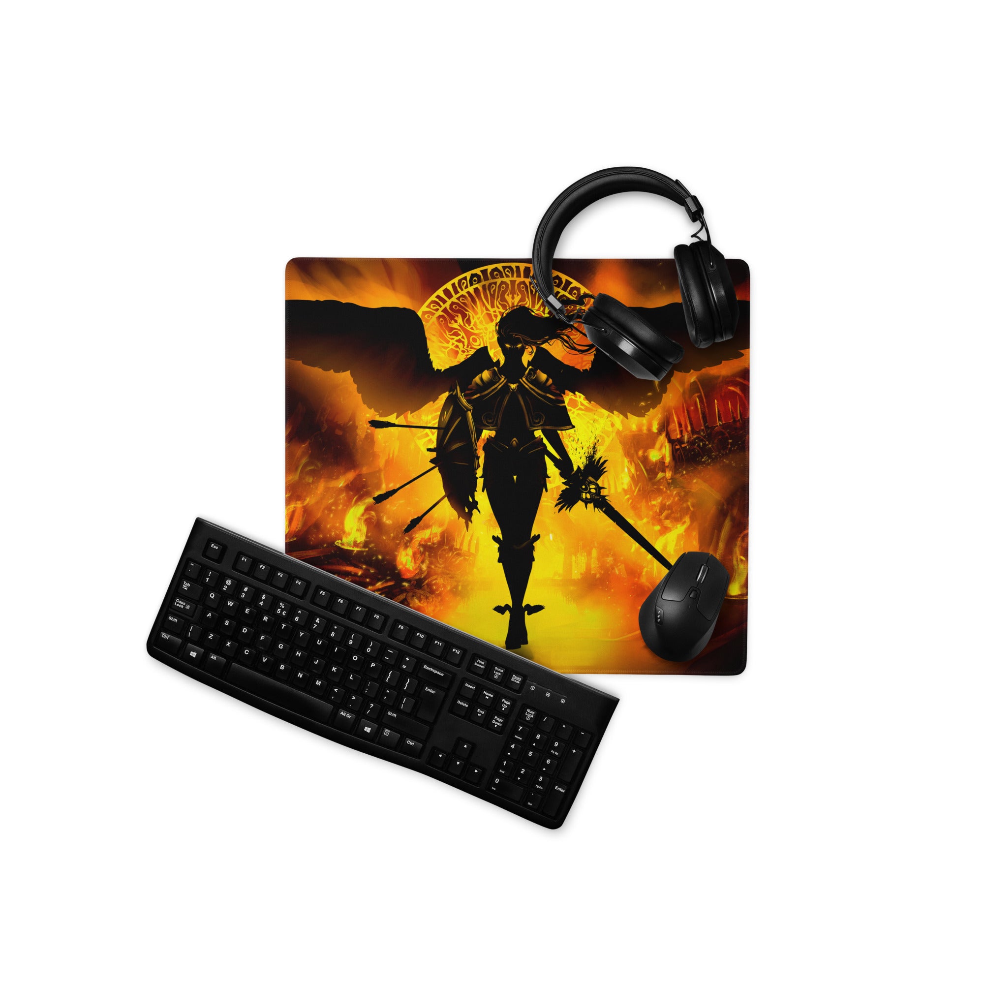 Fiery Orange Black Gaming Mouse Pad Large Desk Pad For Gaming Setup Intense Dark Fantasy Digital Illustration