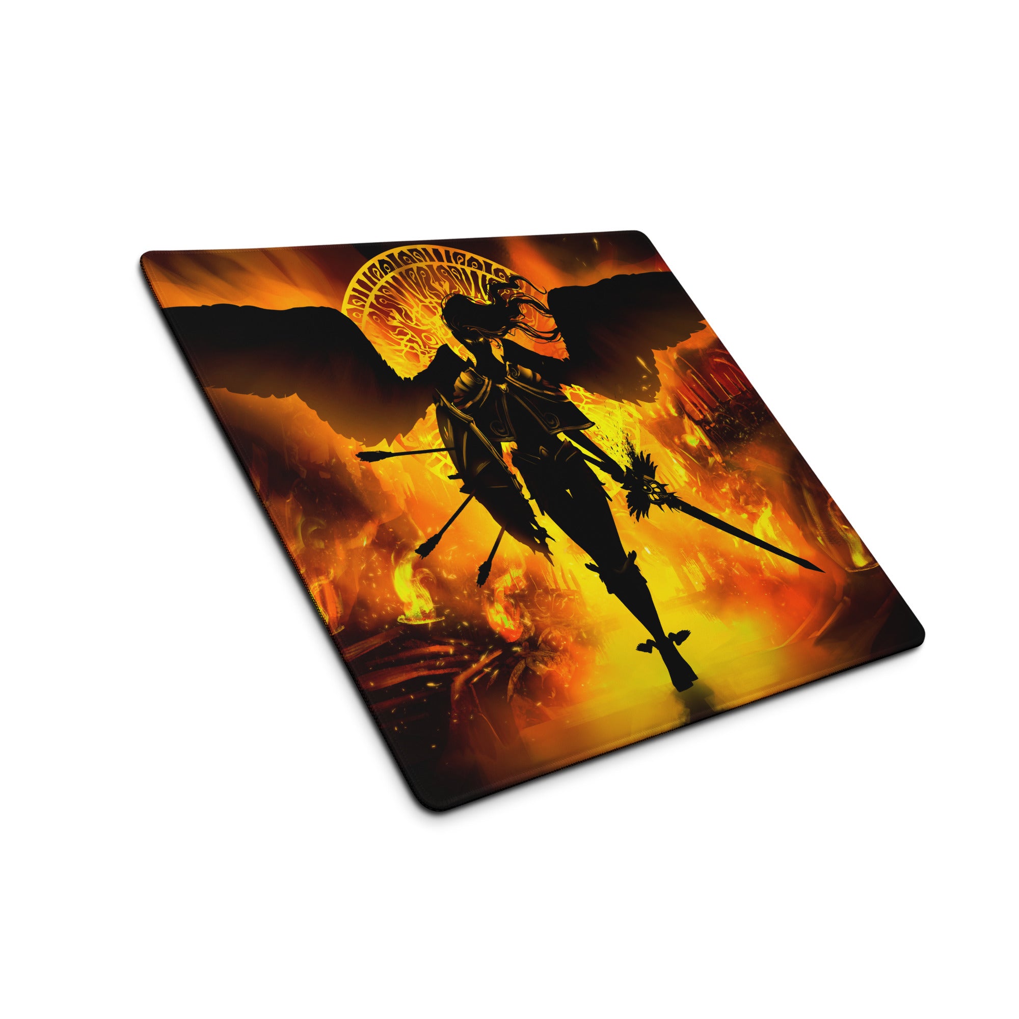 Fiery Orange Black Gaming Mouse Pad Large Desk Pad For Gaming Setup Intense Dark Fantasy Digital Illustration