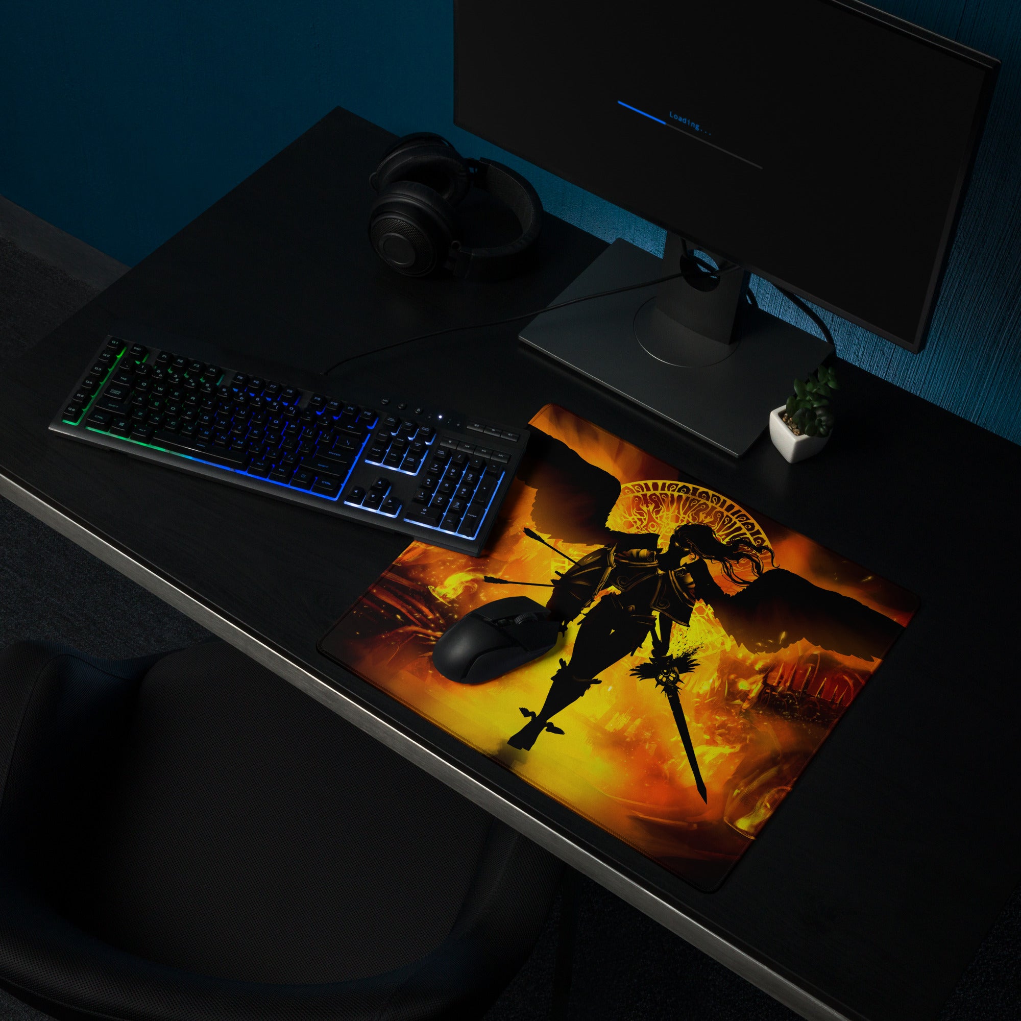 Fiery Orange Black Gaming Mouse Pad Large Desk Pad For Gaming Setup Intense Dark Fantasy Digital Illustration