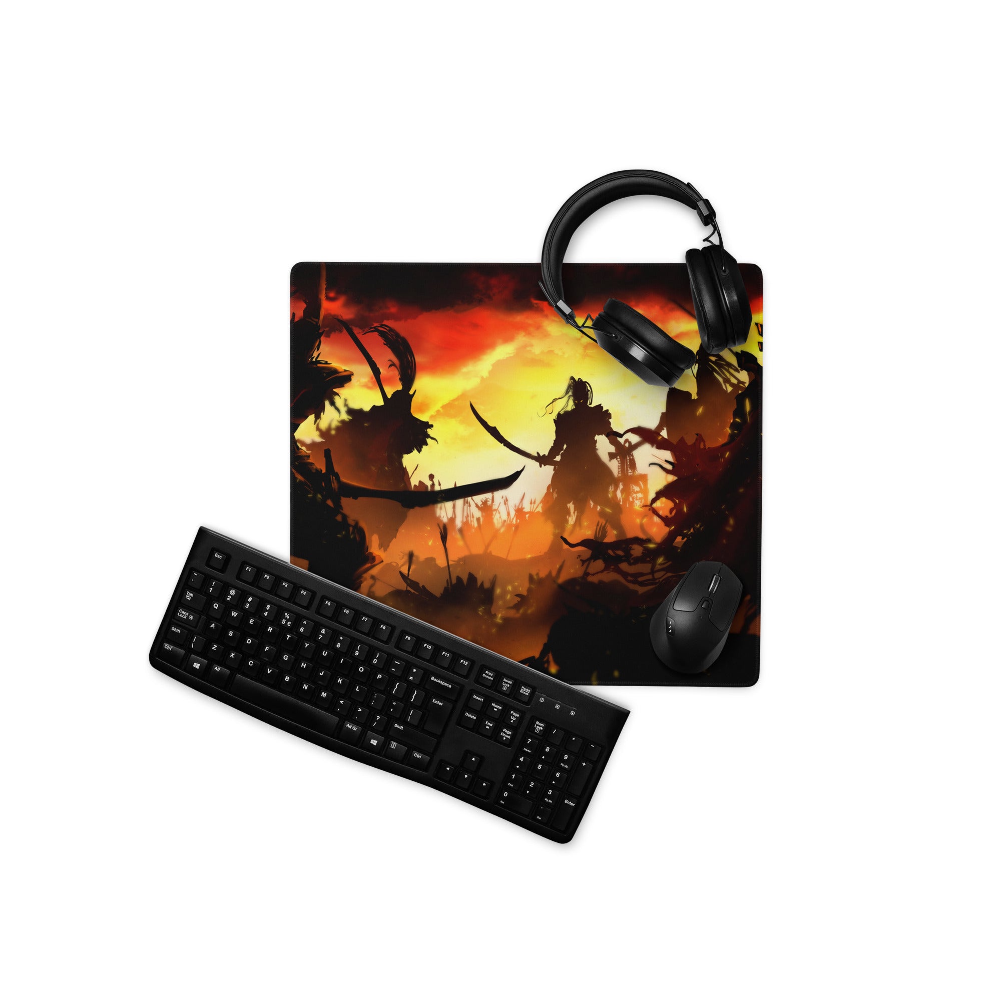 Gaming Mouse Pad Red And Orange Flames For Large Desk Setup Epic Battle Silhouette Art Style