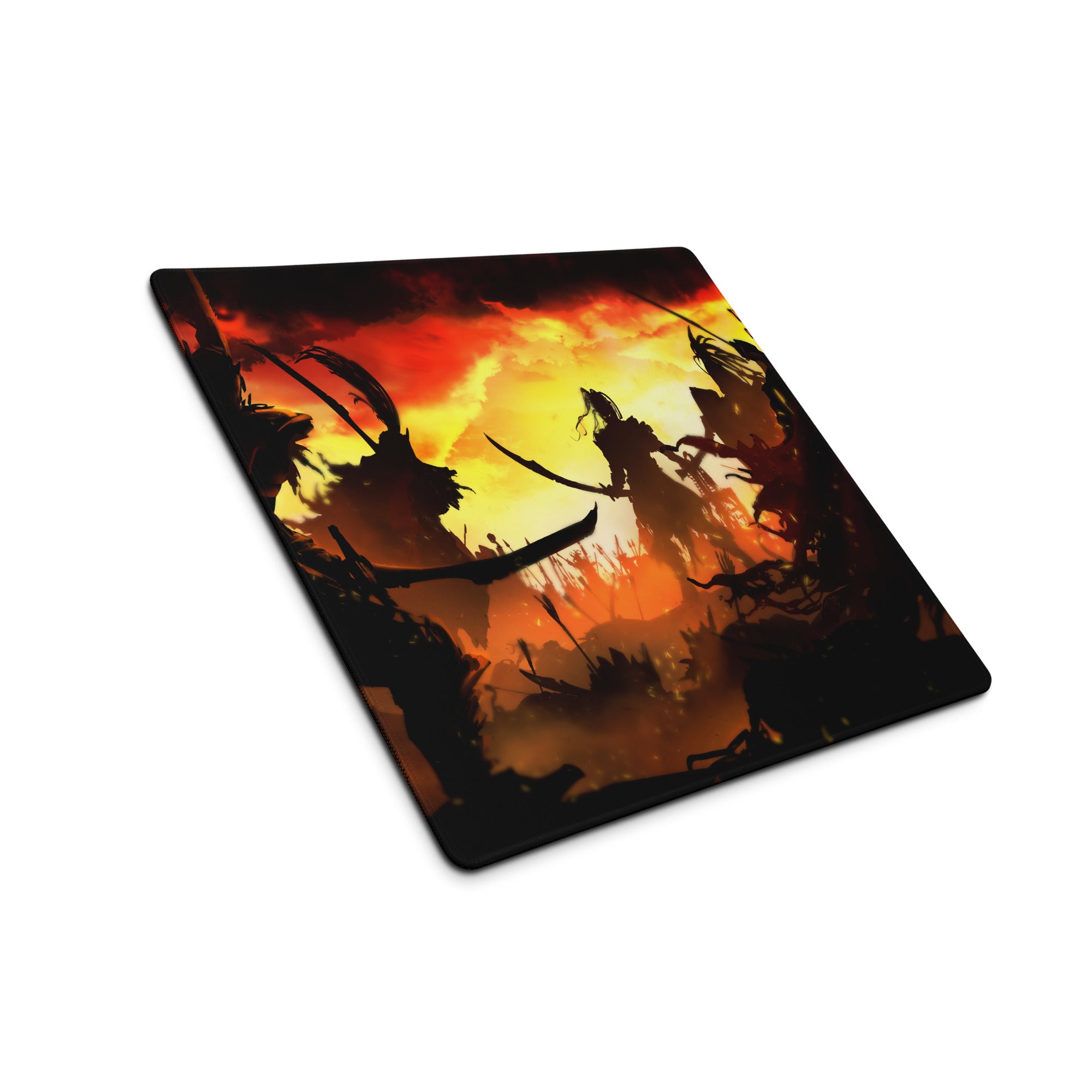 Gaming Mouse Pad Red And Orange Flames For Large Desk Setup Epic Battle Silhouette Art Style