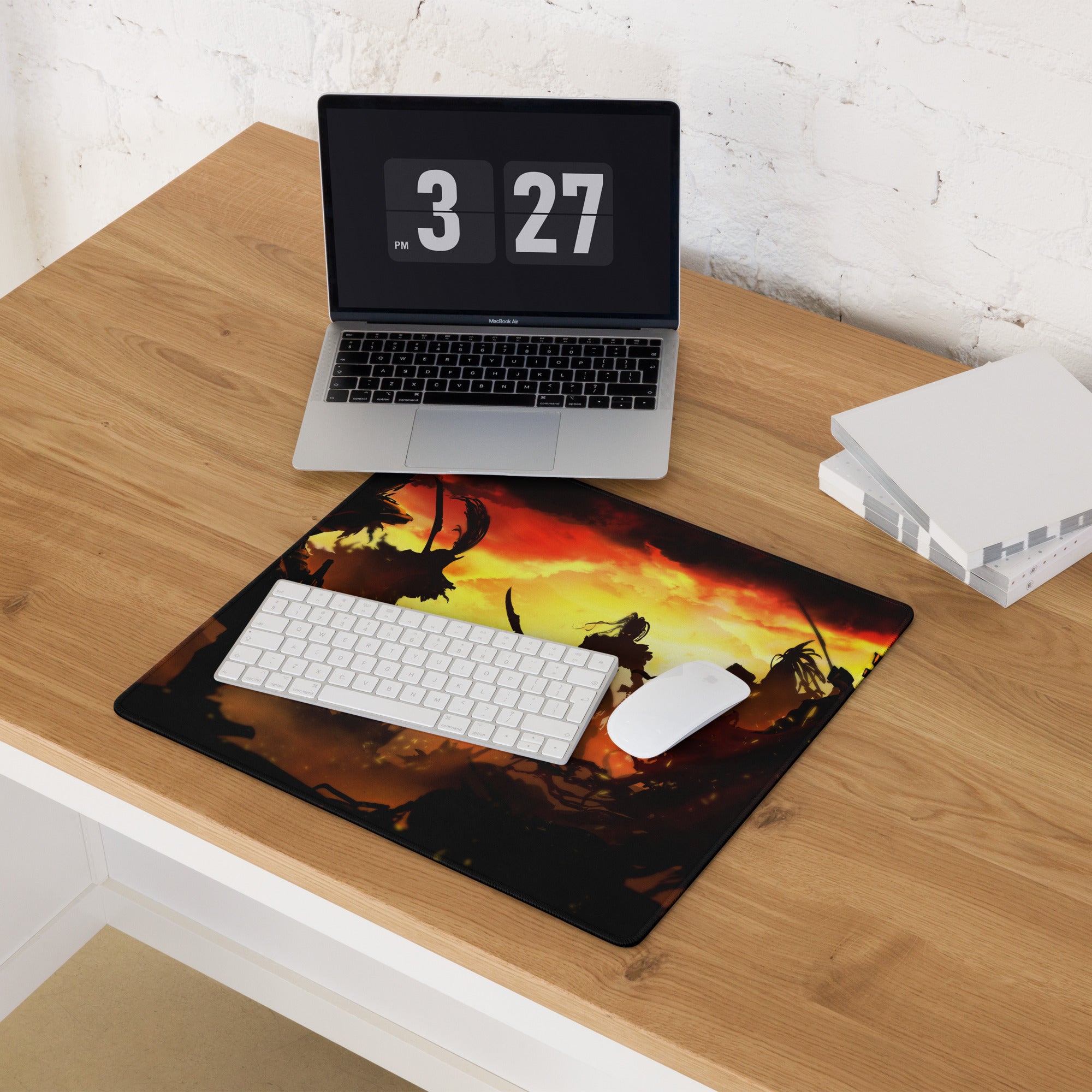 Gaming Mouse Pad Red And Orange Flames For Large Desk Setup Epic Battle Silhouette Art Style