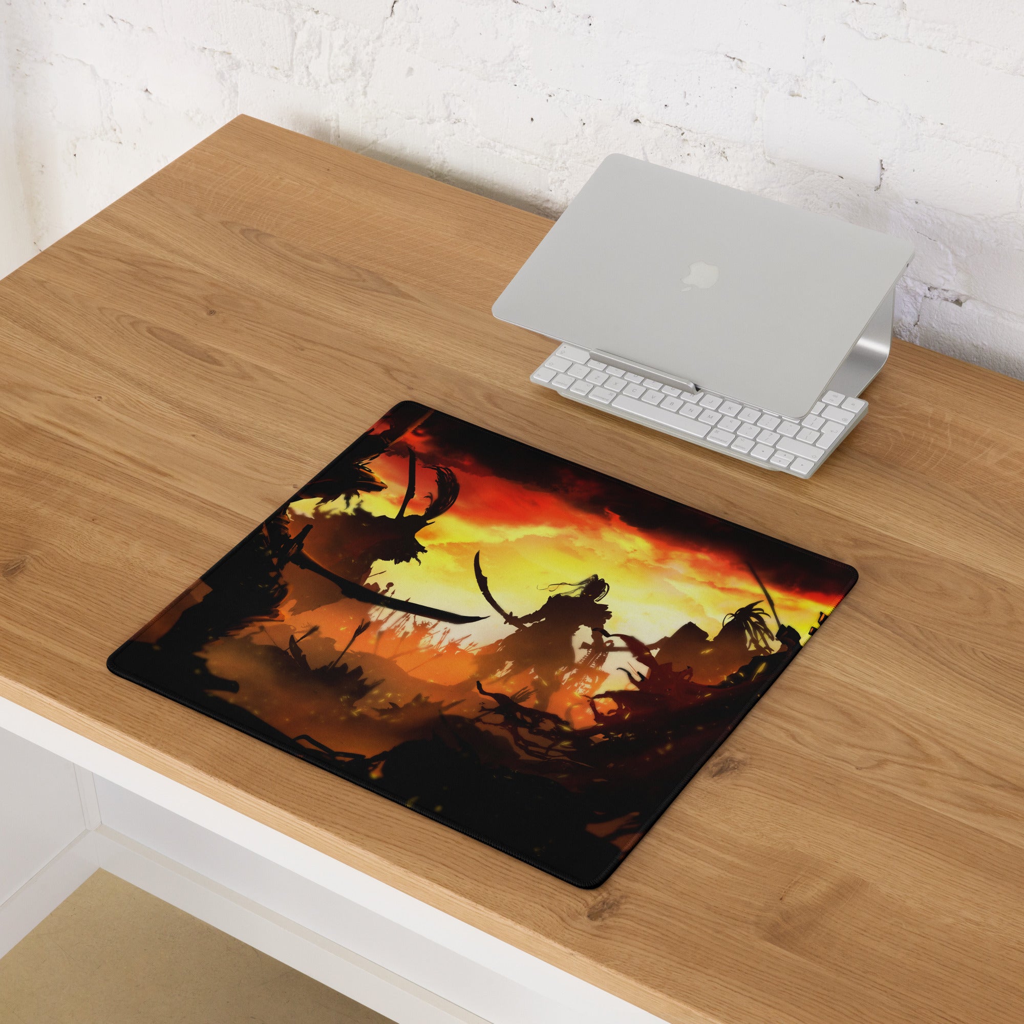 Gaming Mouse Pad Red And Orange Flames For Large Desk Setup Epic Battle Silhouette Art Style