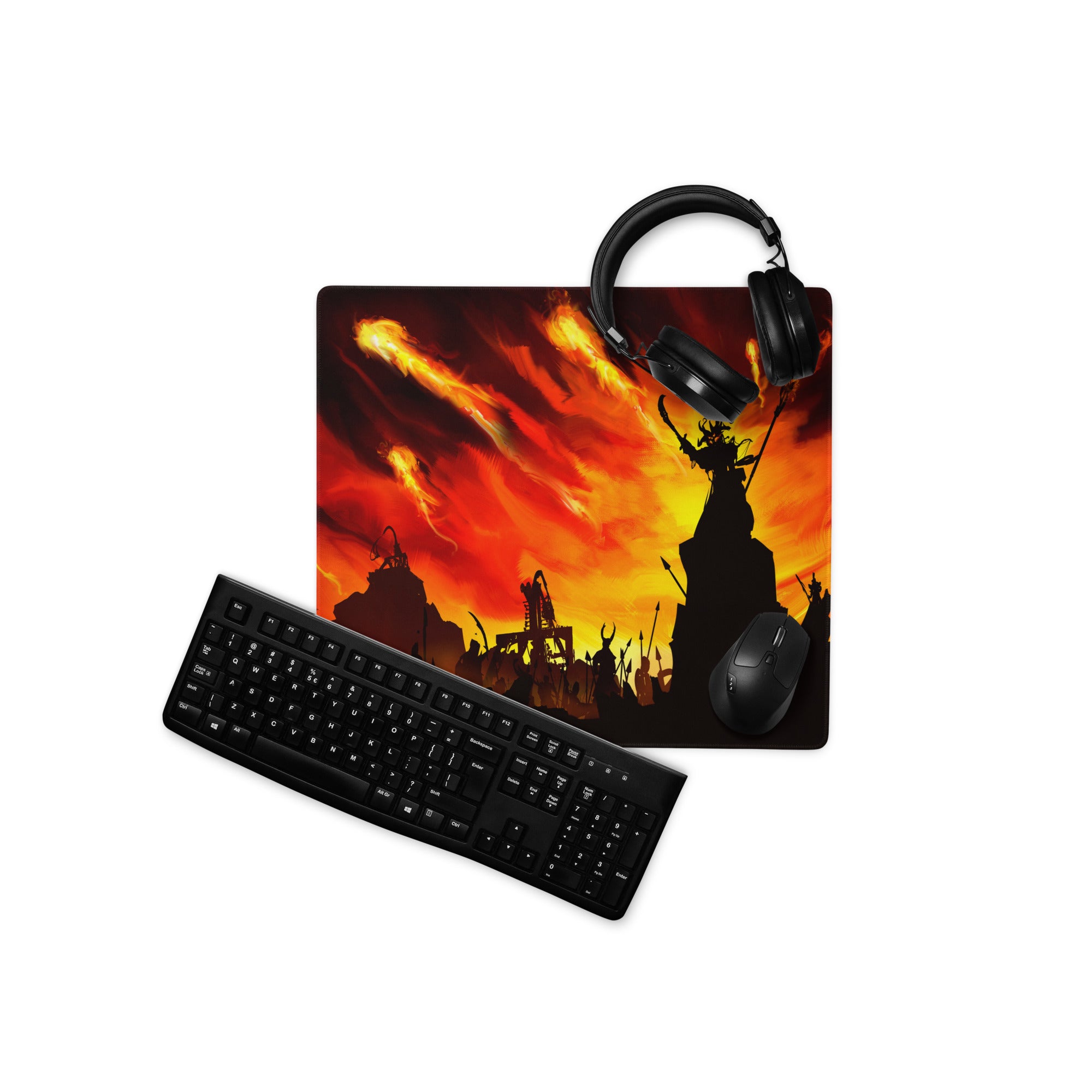 Fiery Orange Red Gaming Mouse Pad For Desk Setup Large Non Slip Battle Scene Digital Art