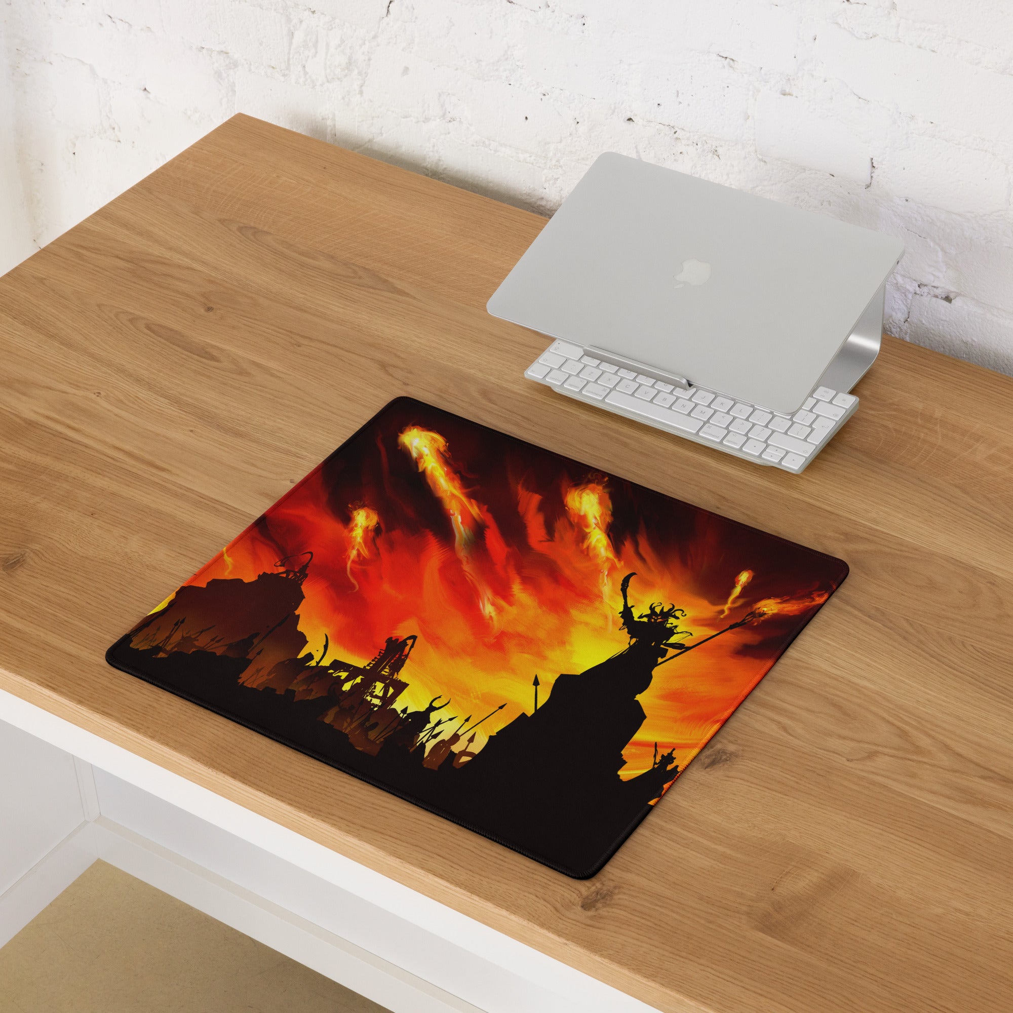 Fiery Orange Red Gaming Mouse Pad For Desk Setup Large Non Slip Battle Scene Digital Art