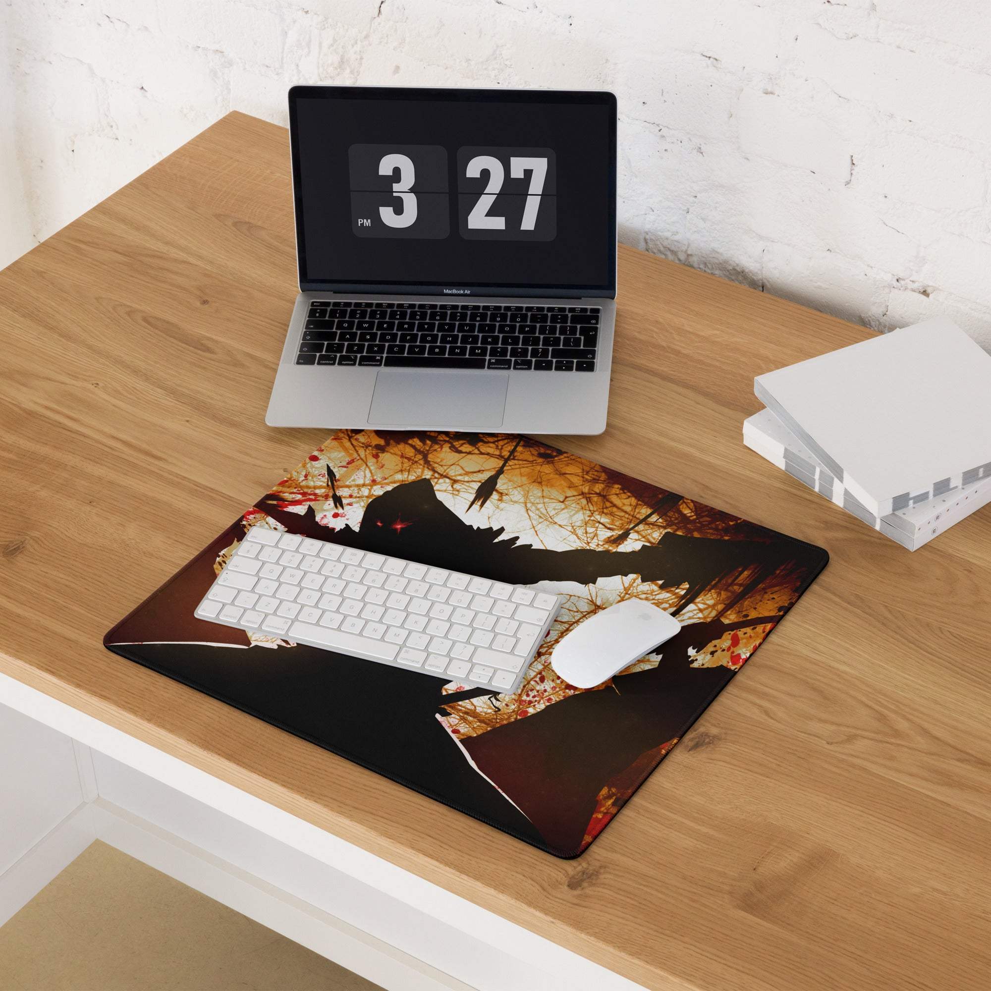 Orange black grunge abstract mouse pad with dark silhouettes and fiery background for gaming desktop setup