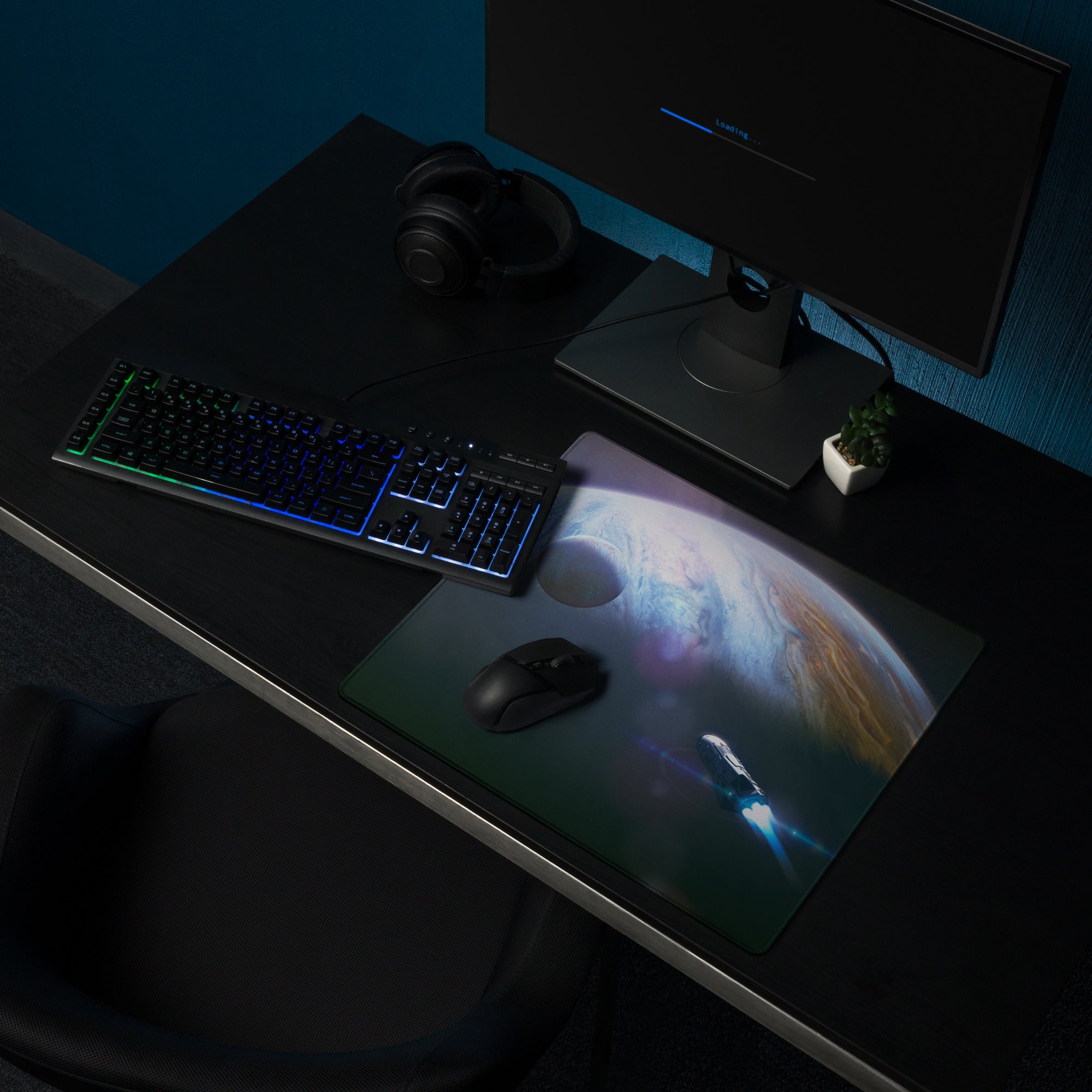 Gaming Mouse Pad Blue Glow Space Theme With Earth Planet Print For Desk Battlestation Modern Sci Fi