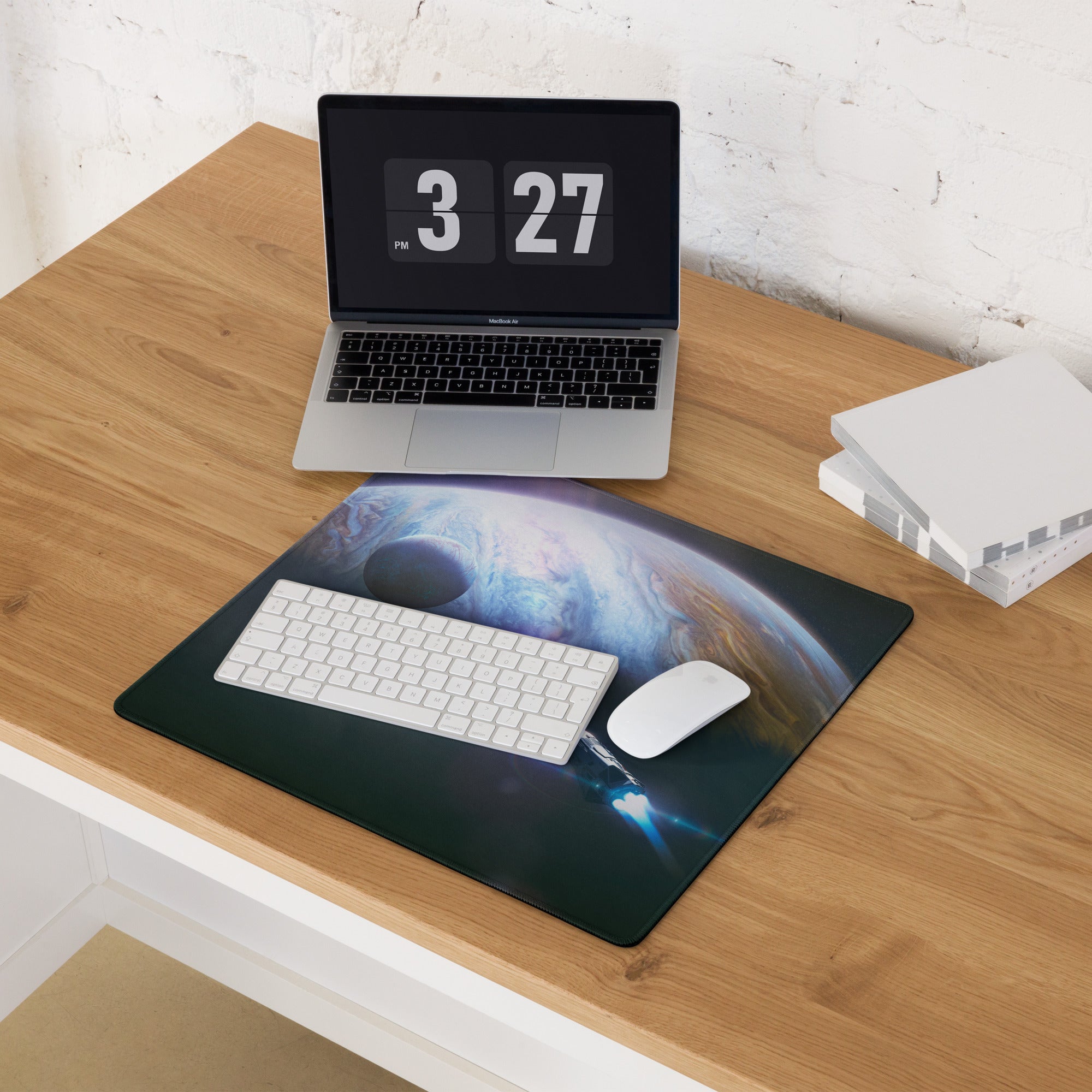 Gaming Mouse Pad Blue Glow Space Theme With Earth Planet Print For Desk Battlestation Modern Sci Fi