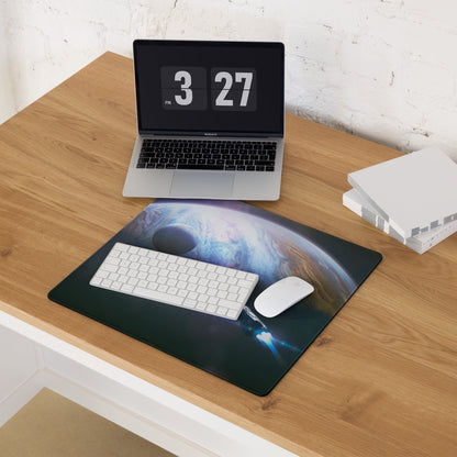 Gaming Mouse Pad Blue Glow Space Theme With Earth Planet Print For Desk Battlestation Modern Sci Fi