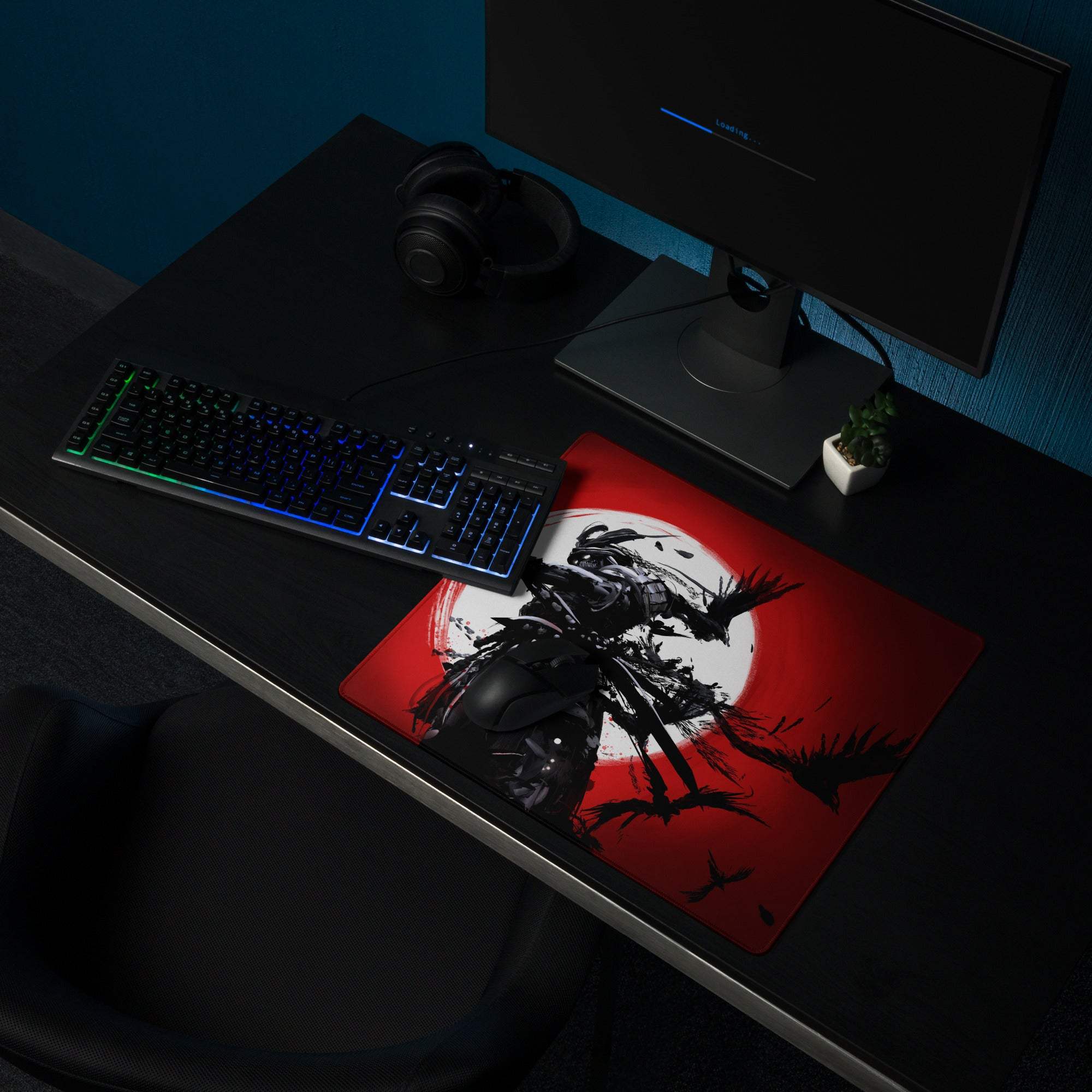 Red gaming mousepad with black and white samurai warrior illustration against full moon for modern gamer decor