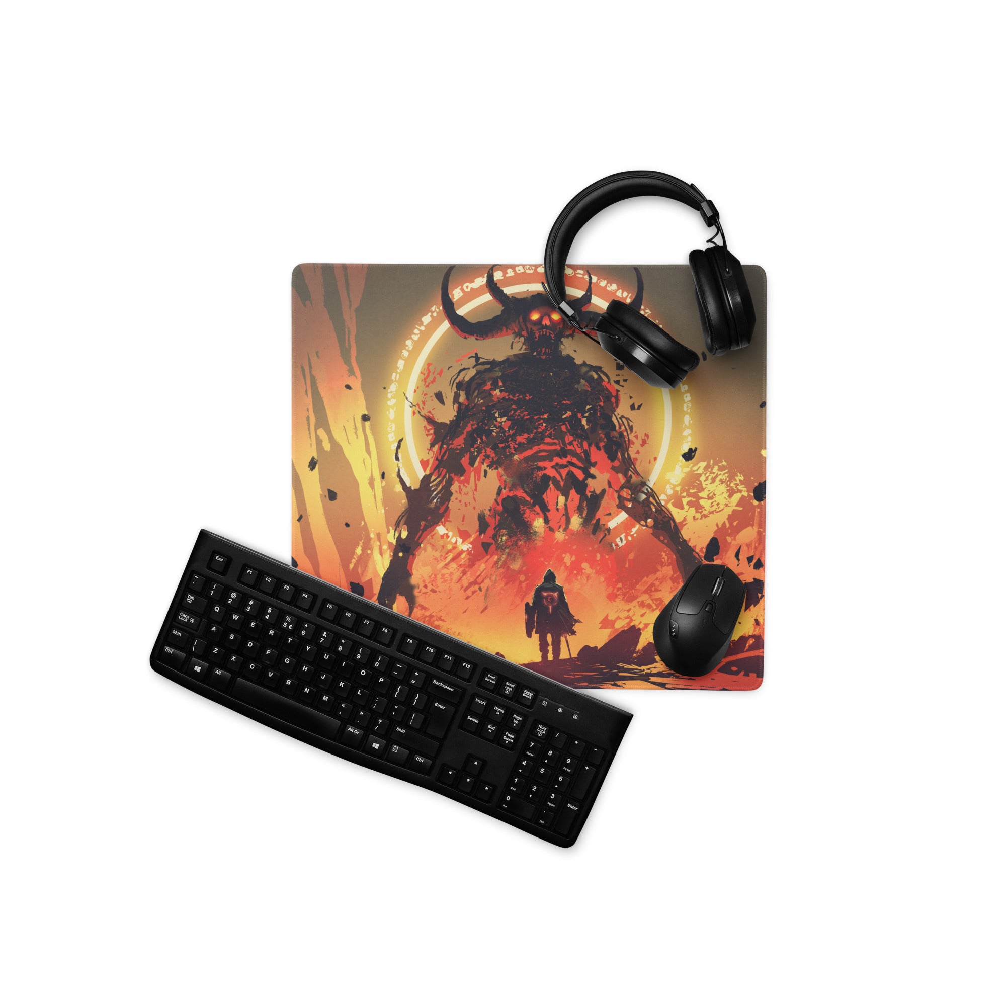 Fiery Demon Warrior Gaming Mouse Pad Orange Black Red Large Desk Mat Gaming Setup Non Slip Edge Stitch Epic Fantasy Art
