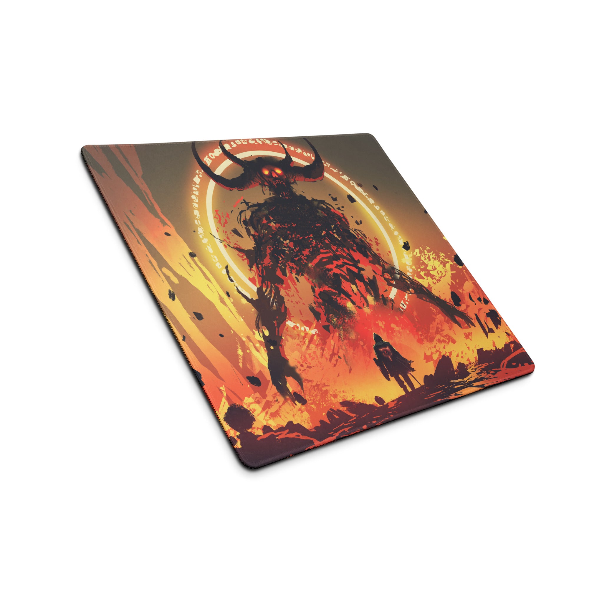 Fiery Demon Warrior Gaming Mouse Pad Orange Black Red Large Desk Mat Gaming Setup Non Slip Edge Stitch Epic Fantasy Art