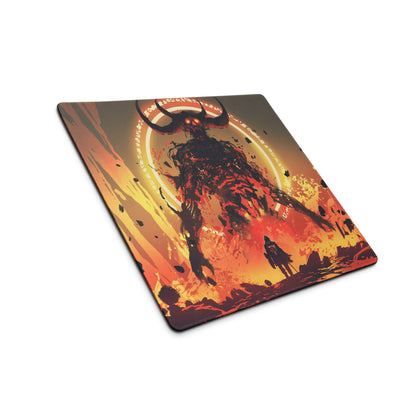 Fiery Demon Warrior Gaming Mouse Pad Orange Black Red Large Desk Mat Gaming Setup Non Slip Edge Stitch Epic Fantasy Art