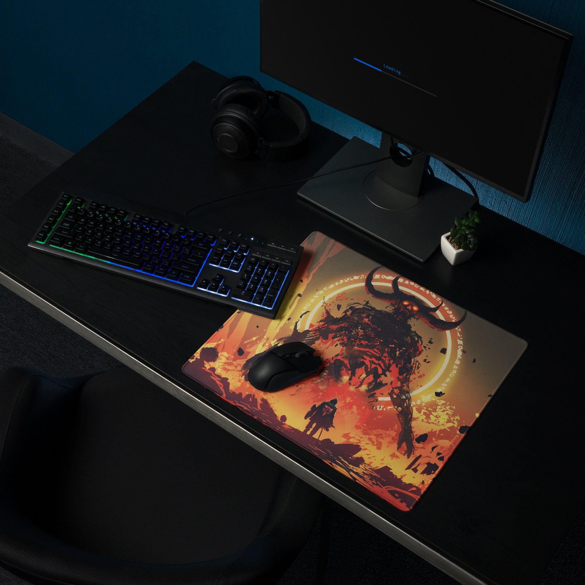 Fiery Demon Warrior Gaming Mouse Pad Orange Black Red Large Desk Mat Gaming Setup Non Slip Edge Stitch Epic Fantasy Art