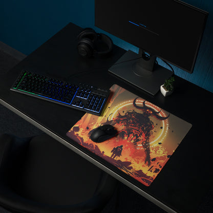 Fiery Demon Warrior Gaming Mouse Pad Orange Black Red Large Desk Mat Gaming Setup Non Slip Edge Stitch Epic Fantasy Art