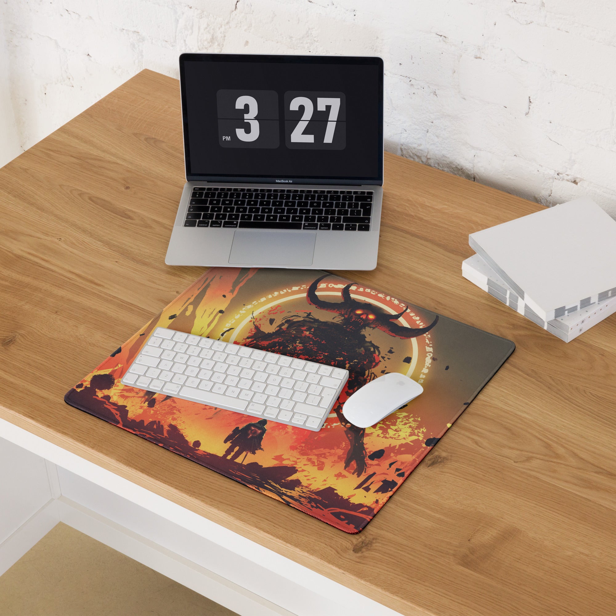 Fiery Demon Warrior Gaming Mouse Pad Orange Black Red Large Desk Mat Gaming Setup Non Slip Edge Stitch Epic Fantasy Art