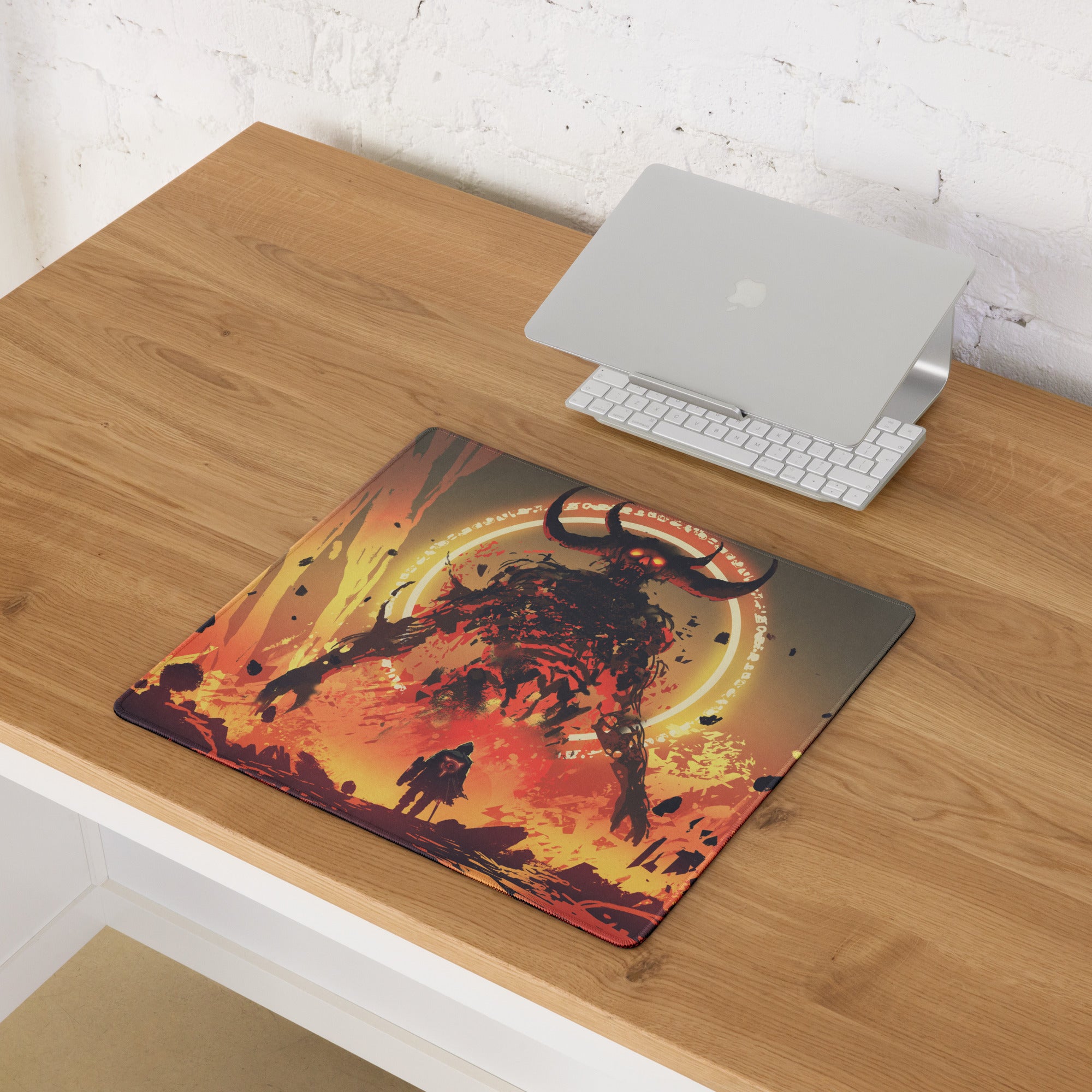 Fiery Demon Warrior Gaming Mouse Pad Orange Black Red Large Desk Mat Gaming Setup Non Slip Edge Stitch Epic Fantasy Art