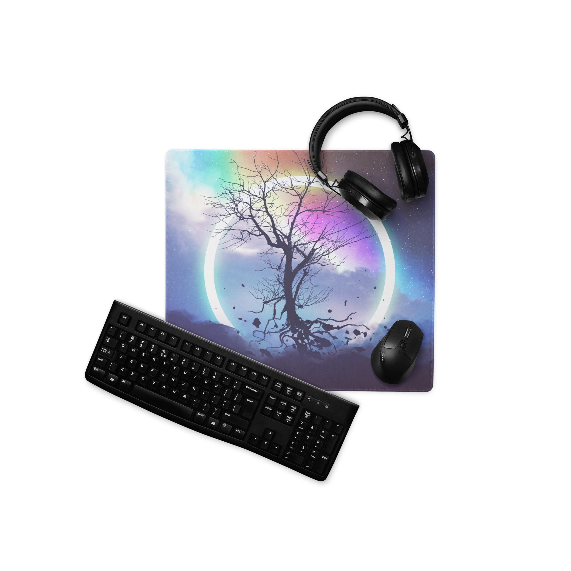 Gaming Mouse Pad Rainbow Night Sky Circle Tree Silhouette For Desk Large Non Slip Gaming Mat Modern Fantasy Art