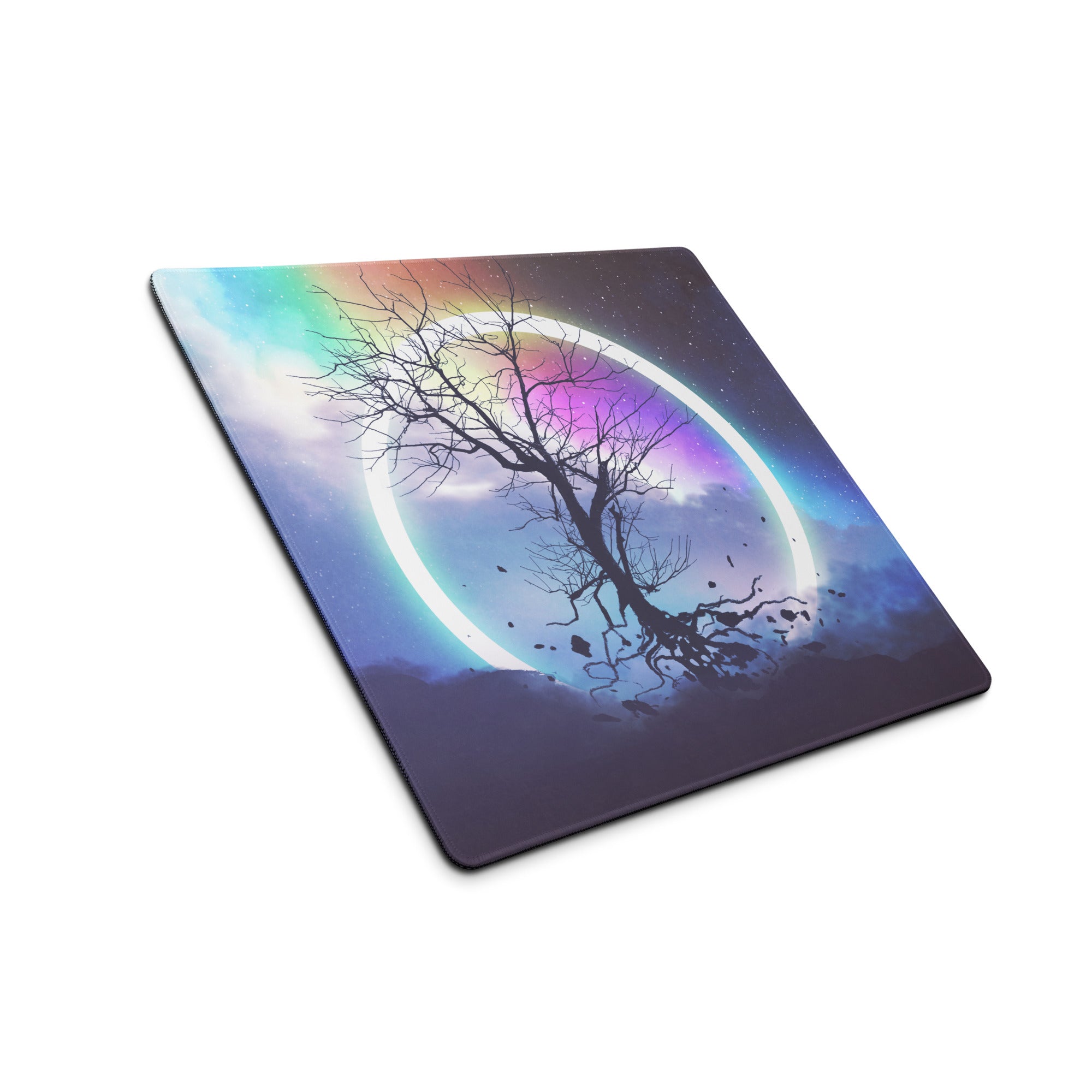 Gaming Mouse Pad Rainbow Night Sky Circle Tree Silhouette For Desk Large Non Slip Gaming Mat Modern Fantasy Art