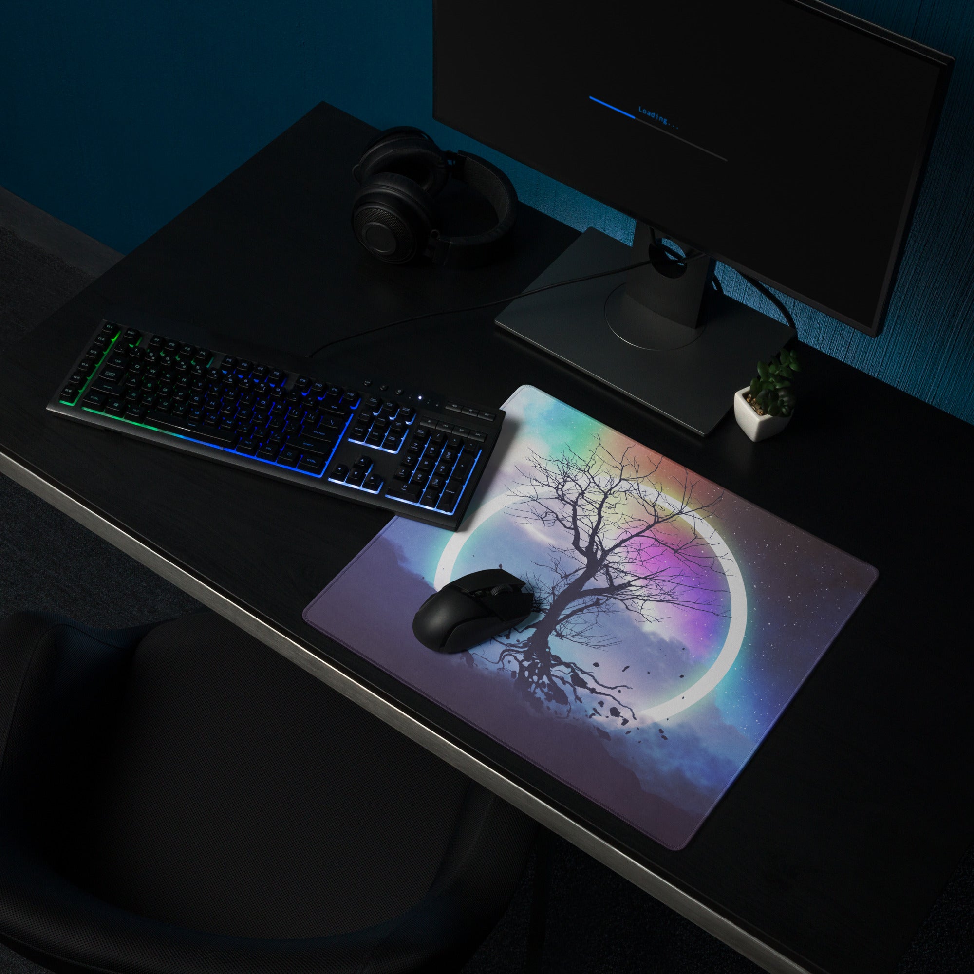 Gaming Mouse Pad Rainbow Night Sky Circle Tree Silhouette For Desk Large Non Slip Gaming Mat Modern Fantasy Art