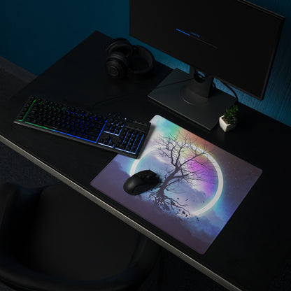 Gaming Mouse Pad Rainbow Night Sky Circle Tree Silhouette For Desk Large Non Slip Gaming Mat Modern Fantasy Art