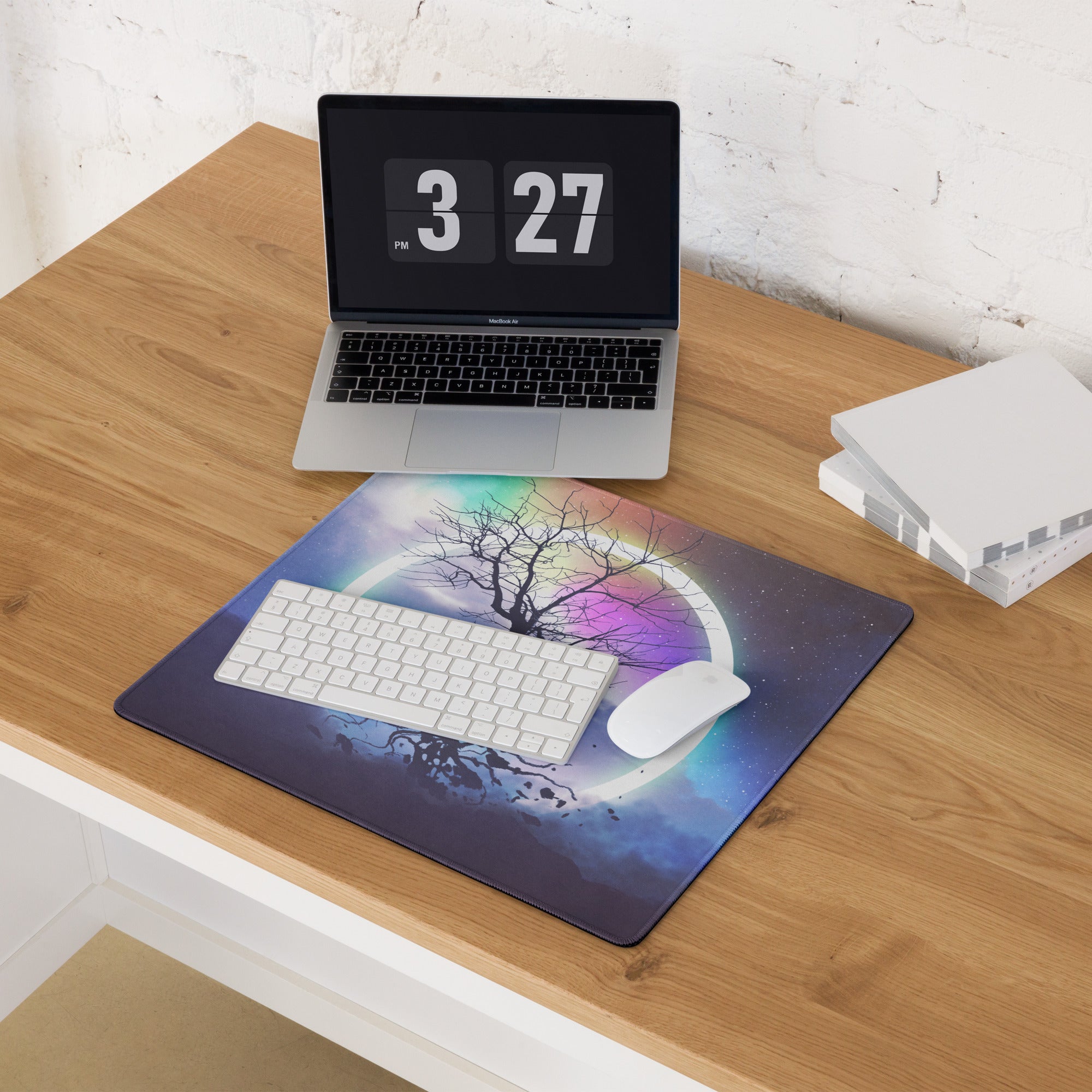Gaming Mouse Pad Rainbow Night Sky Circle Tree Silhouette For Desk Large Non Slip Gaming Mat Modern Fantasy Art