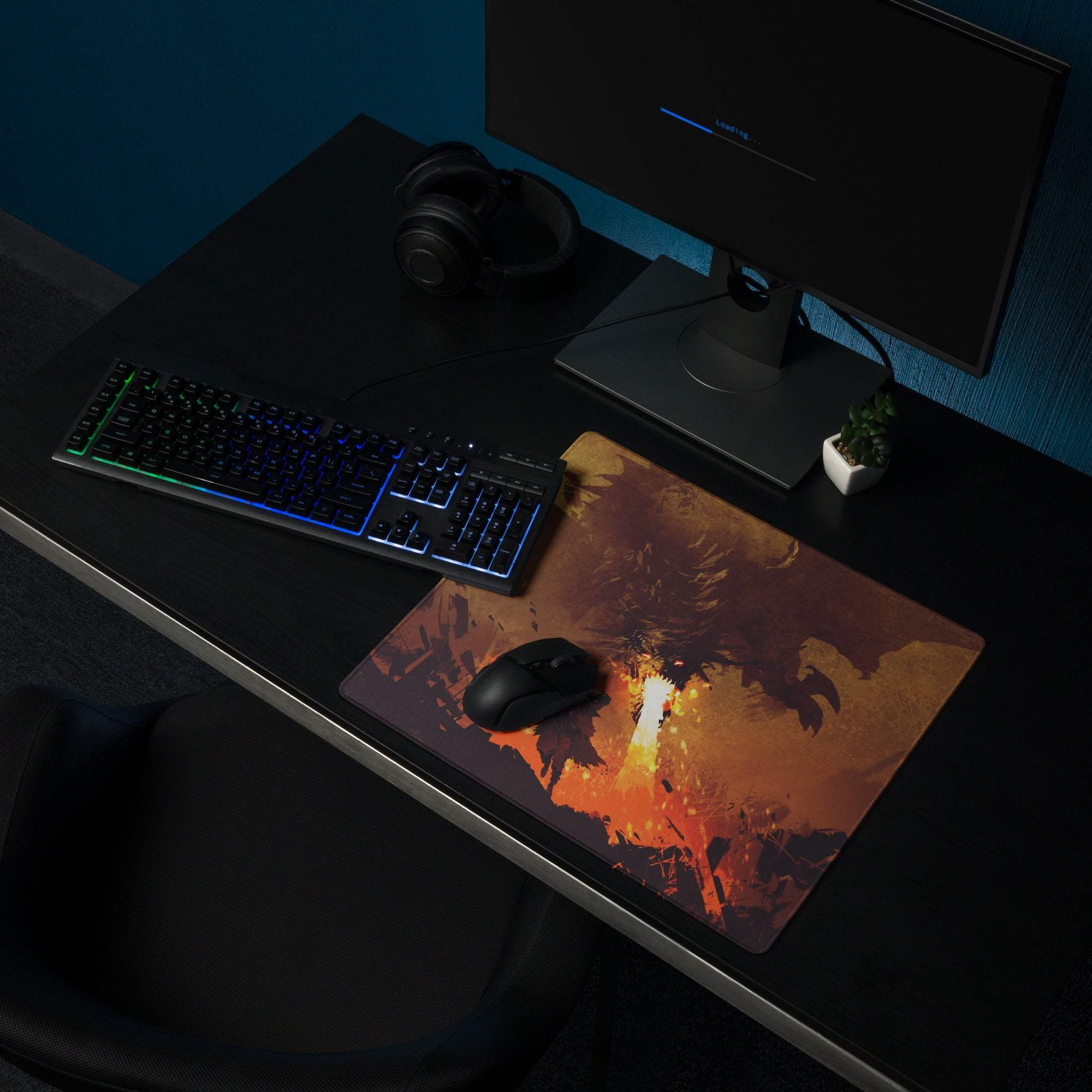Rectangular inferno flame edge gaming mouse pad with fiery orange and black fantasy illustration for esports use