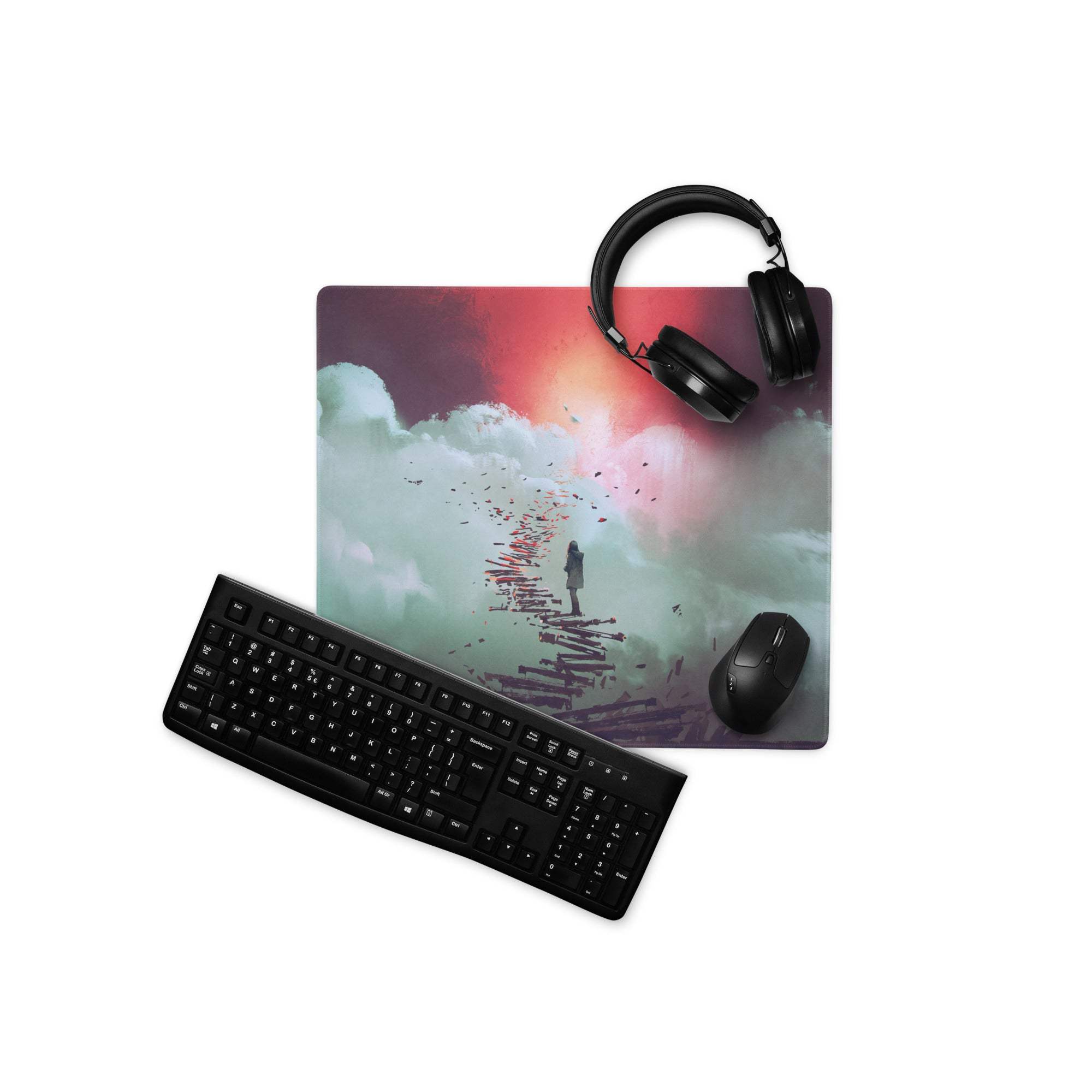 Rectangular nebula teal pink purple gaming mouse pad with surreal lone figure path clouds and vibrant sky with black headphones