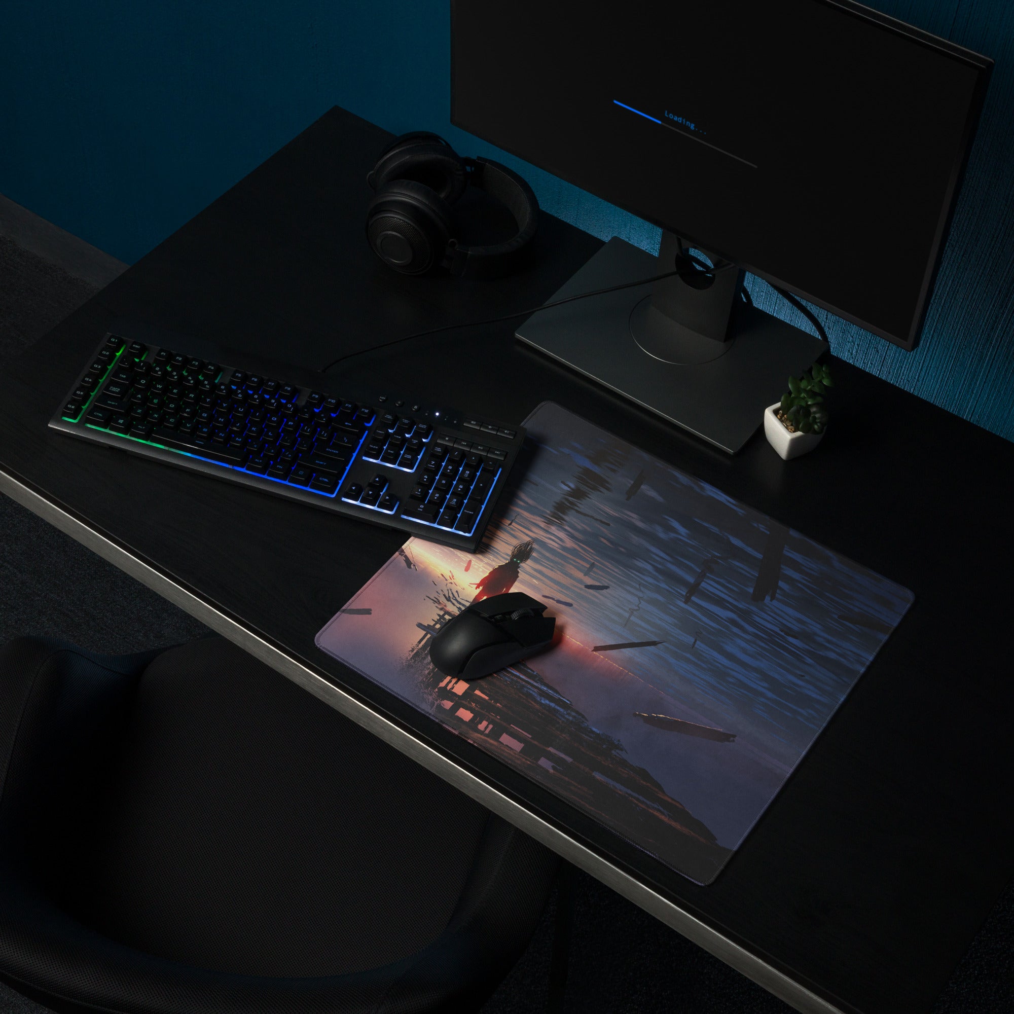 Gaming Mouse Pad Navy Blue Sunset Orange For Gaming Setup Cinematic Digital Art Desk Mat Moody Esports Decor