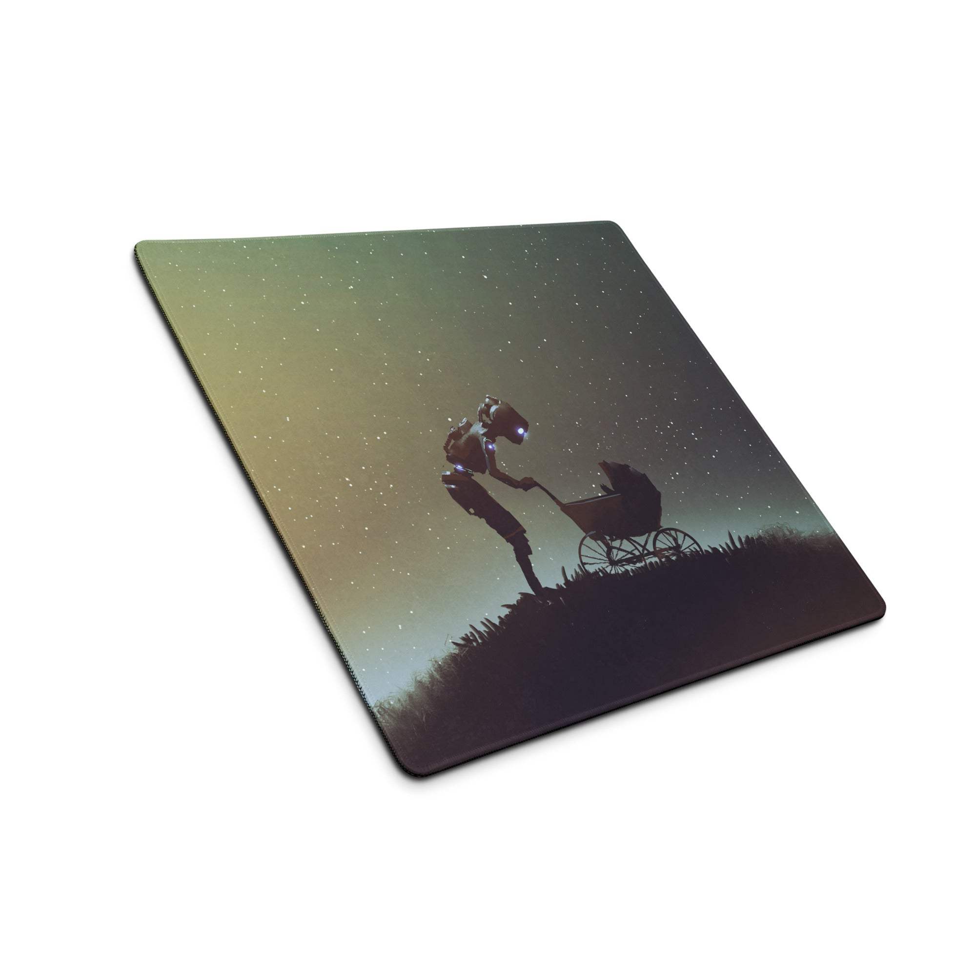 Square cosmic gradient mouse pad with astronaut silhouette pushing baby carriage under green and navy starry sky