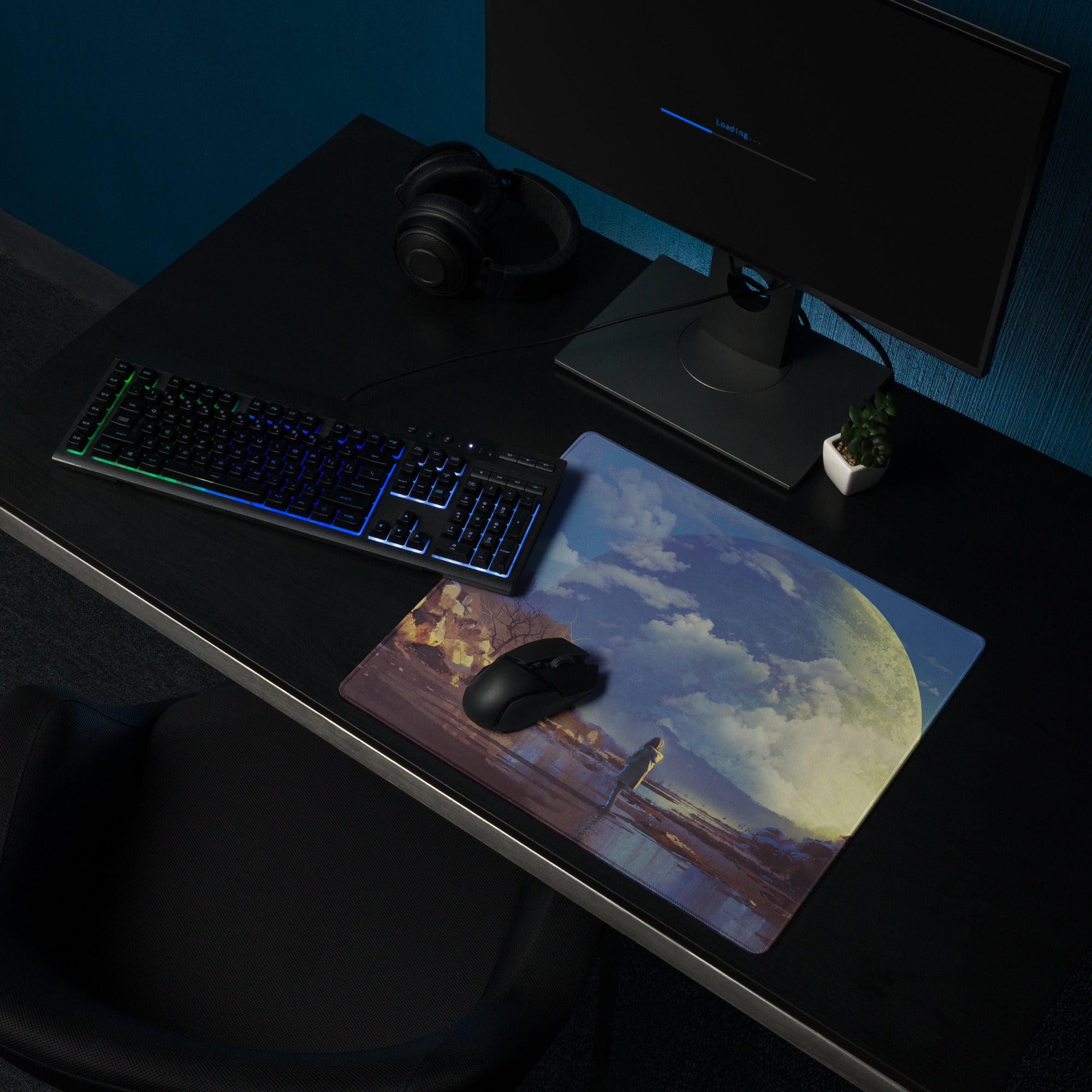 Gaming Mouse Pad Blue Moonlit Landscape For Desk Setup Surreal Painterly Dreamy Style Artwork