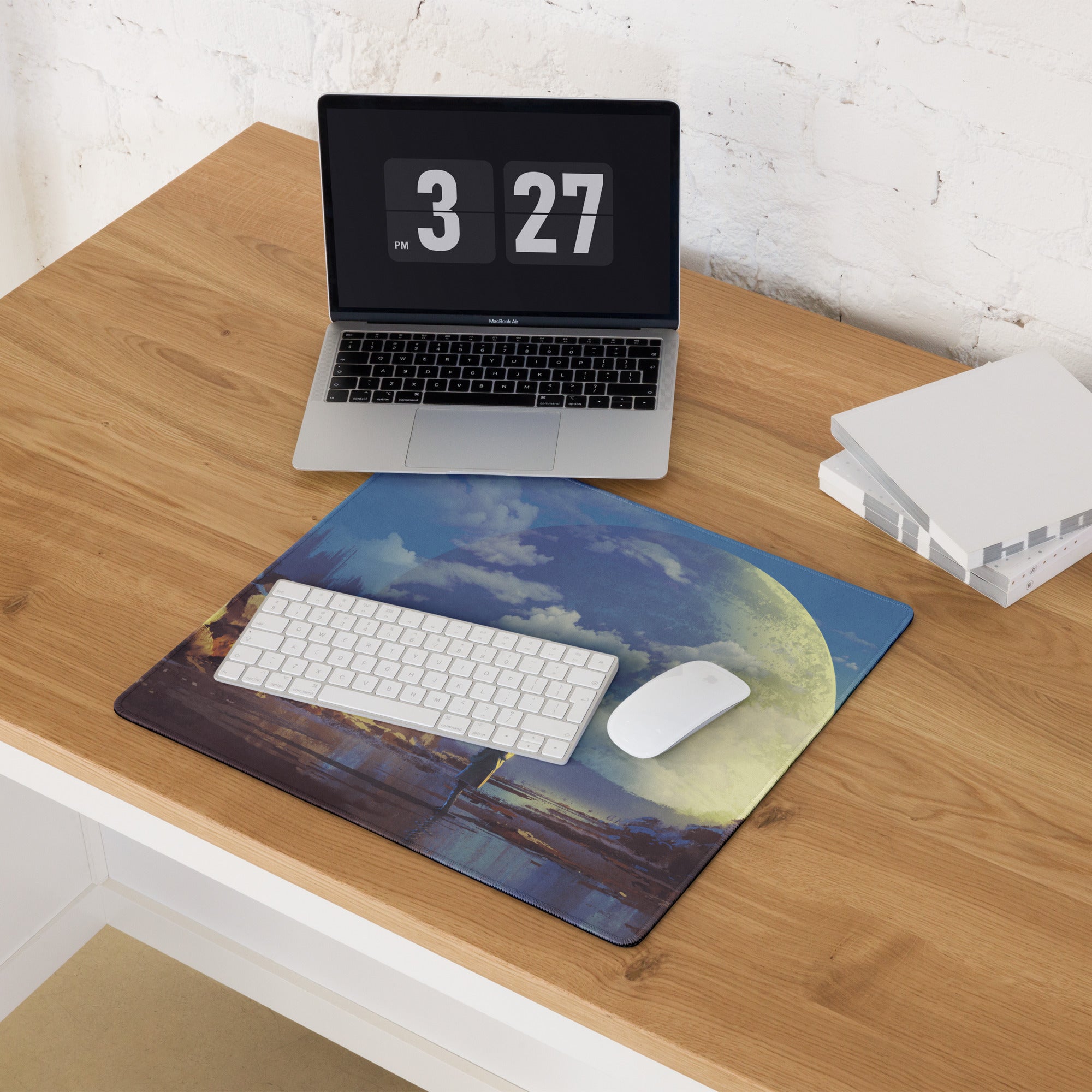 Gaming Mouse Pad Blue Moonlit Landscape For Desk Setup Surreal Painterly Dreamy Style Artwork
