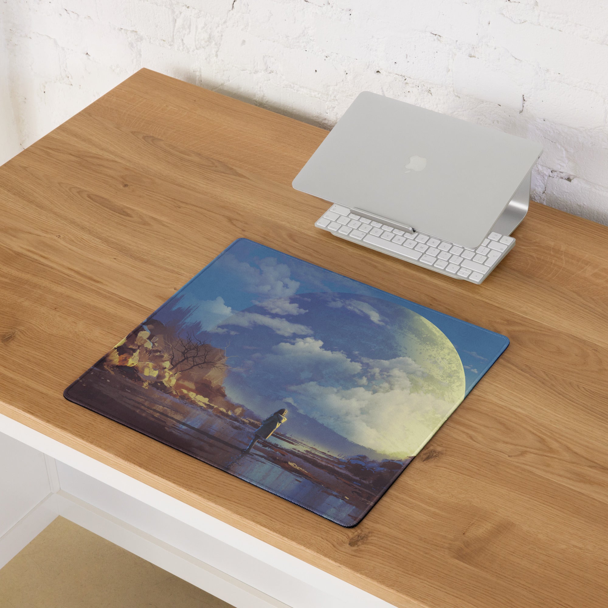 Gaming Mouse Pad Blue Moonlit Landscape For Desk Setup Surreal Painterly Dreamy Style Artwork