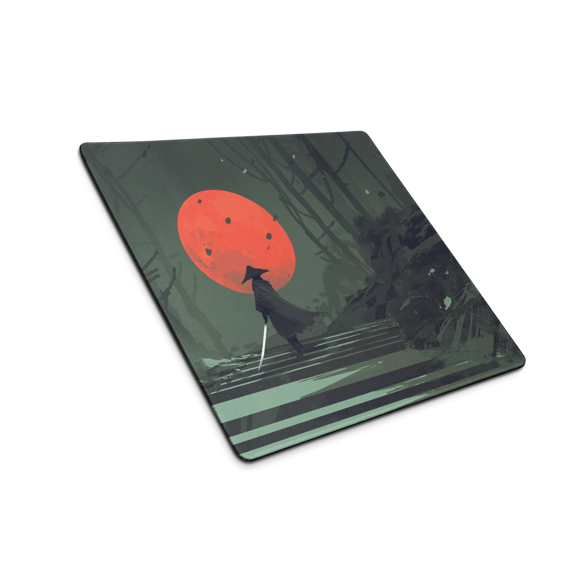 Samurai Warrior Moonlit Forest Gaming Mouse Pad Green Black Red Non Slip Edge Stitch